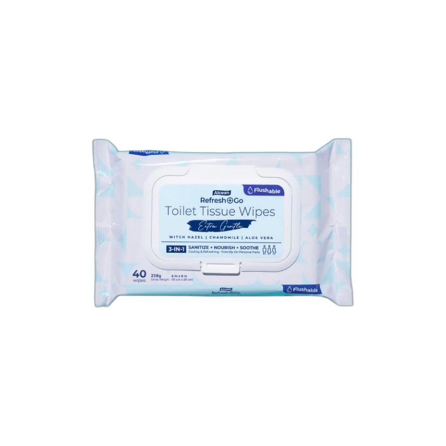 Alcean Refresh+Go Flushable Toilet Tissue Wipes - Extra Gentle, 40 Count
