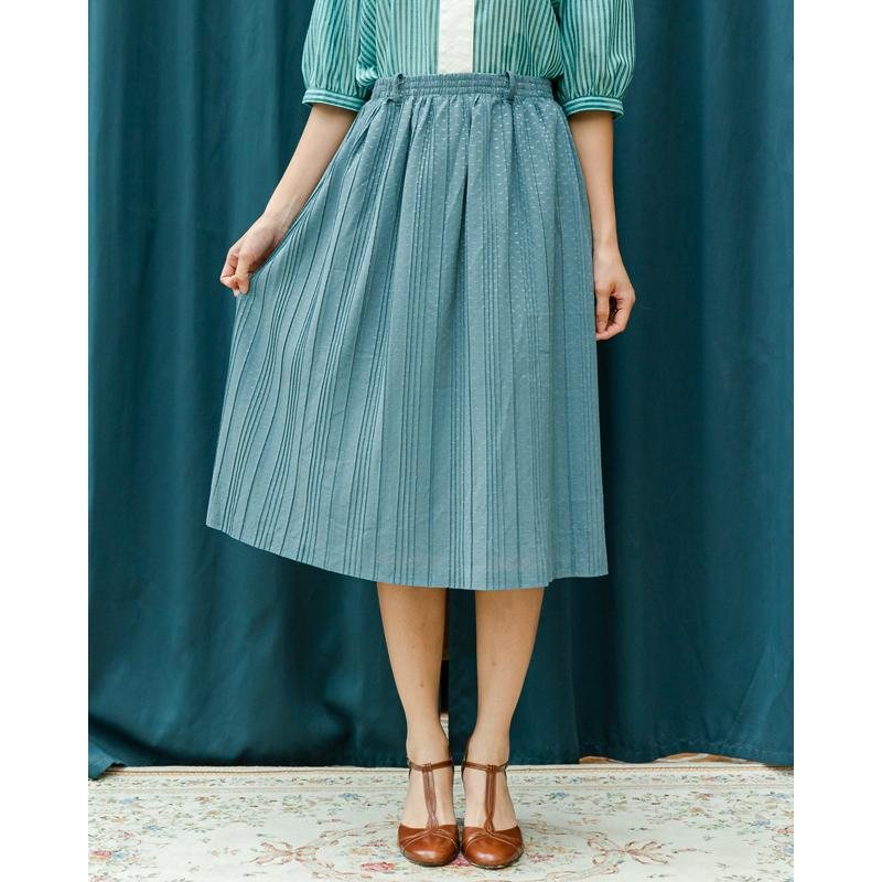 Vintage Japanese Elastic Waist Band Turquoise Textured Fabric Pleated Skirt (MT1606-21)