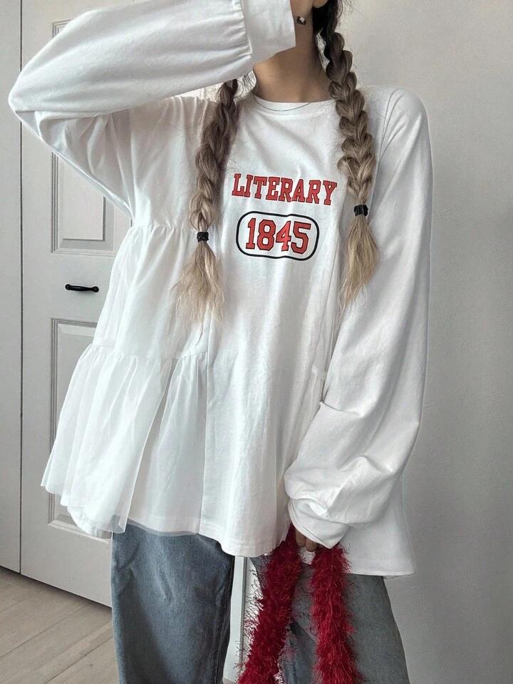 學院風文藝數字印花長袖上衣