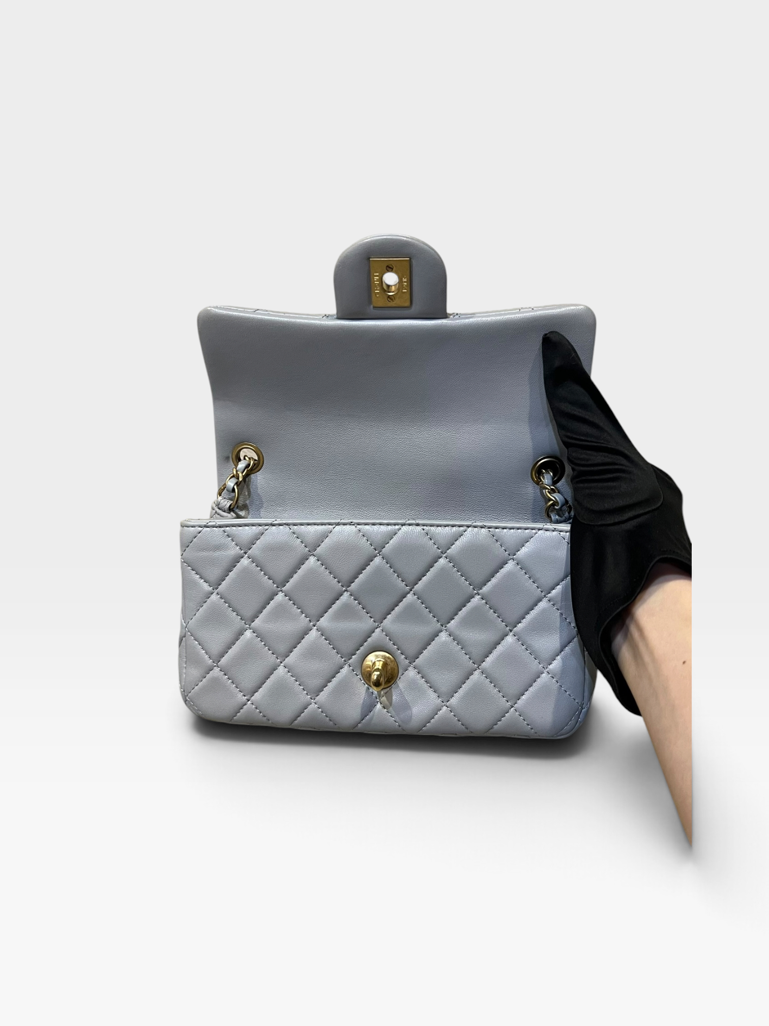 Pre-Owned Chanel Grey Lambskin Classic Mini Flap with Gold Ball / K9905