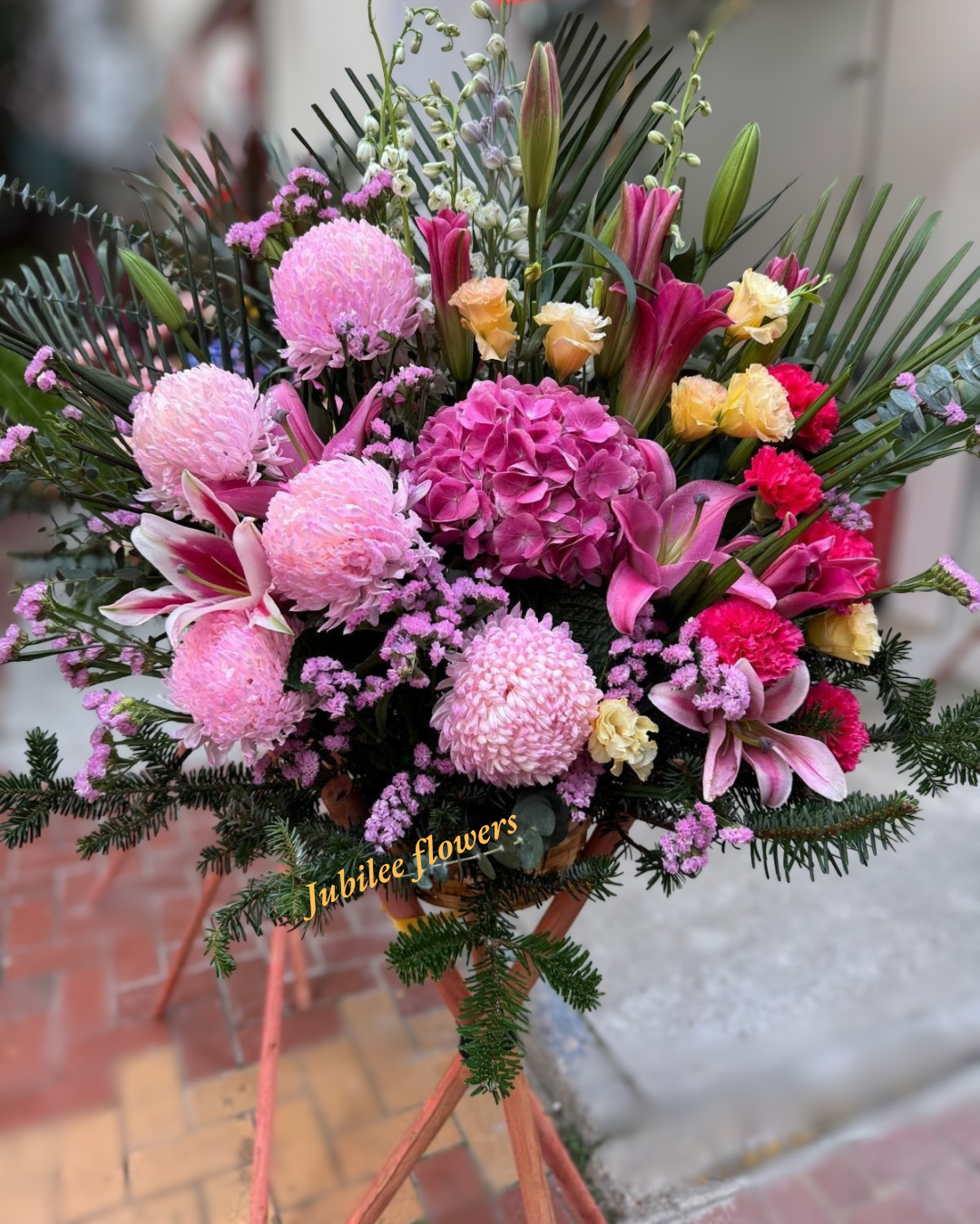 🎉【開張花籃】 粉紅牡菊粉紅繡球百合開業賀籃