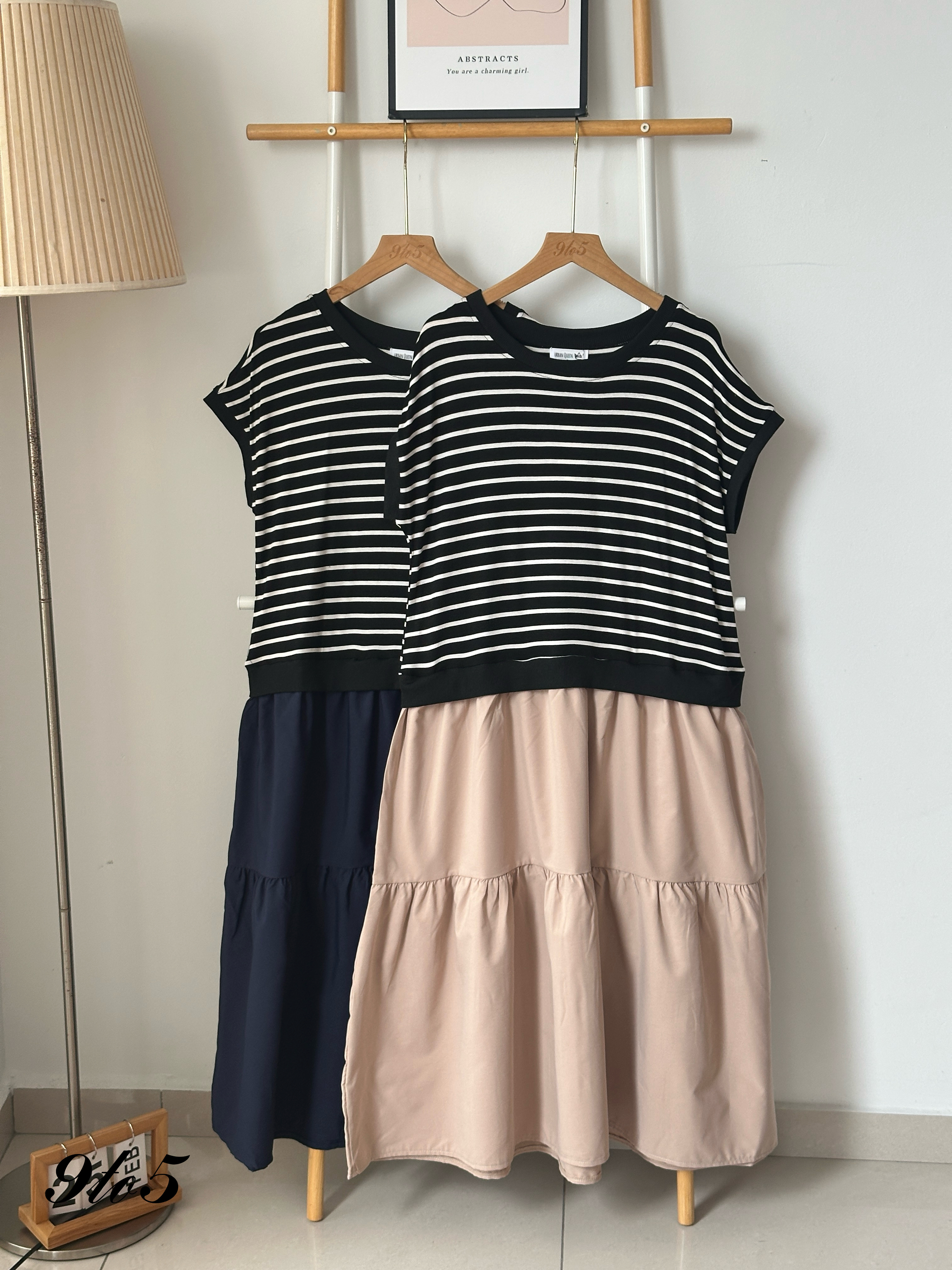 D2327 Stripe Layered Dress - Blue & Khaki