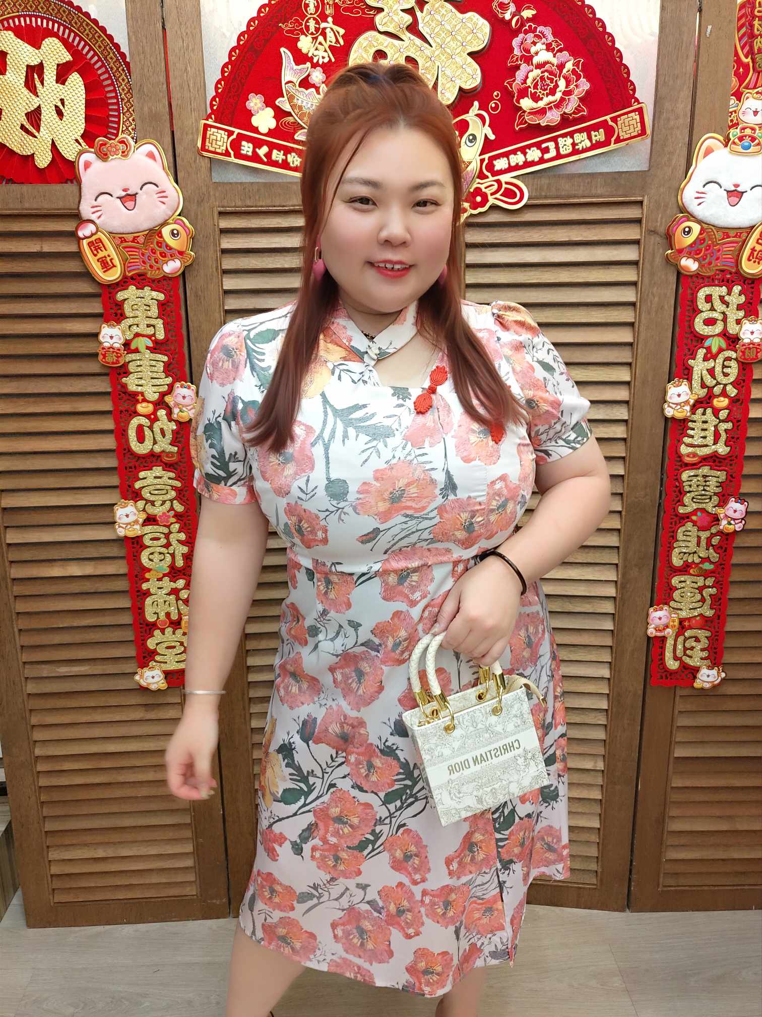 TW#5658 大红花印花复古旗袍