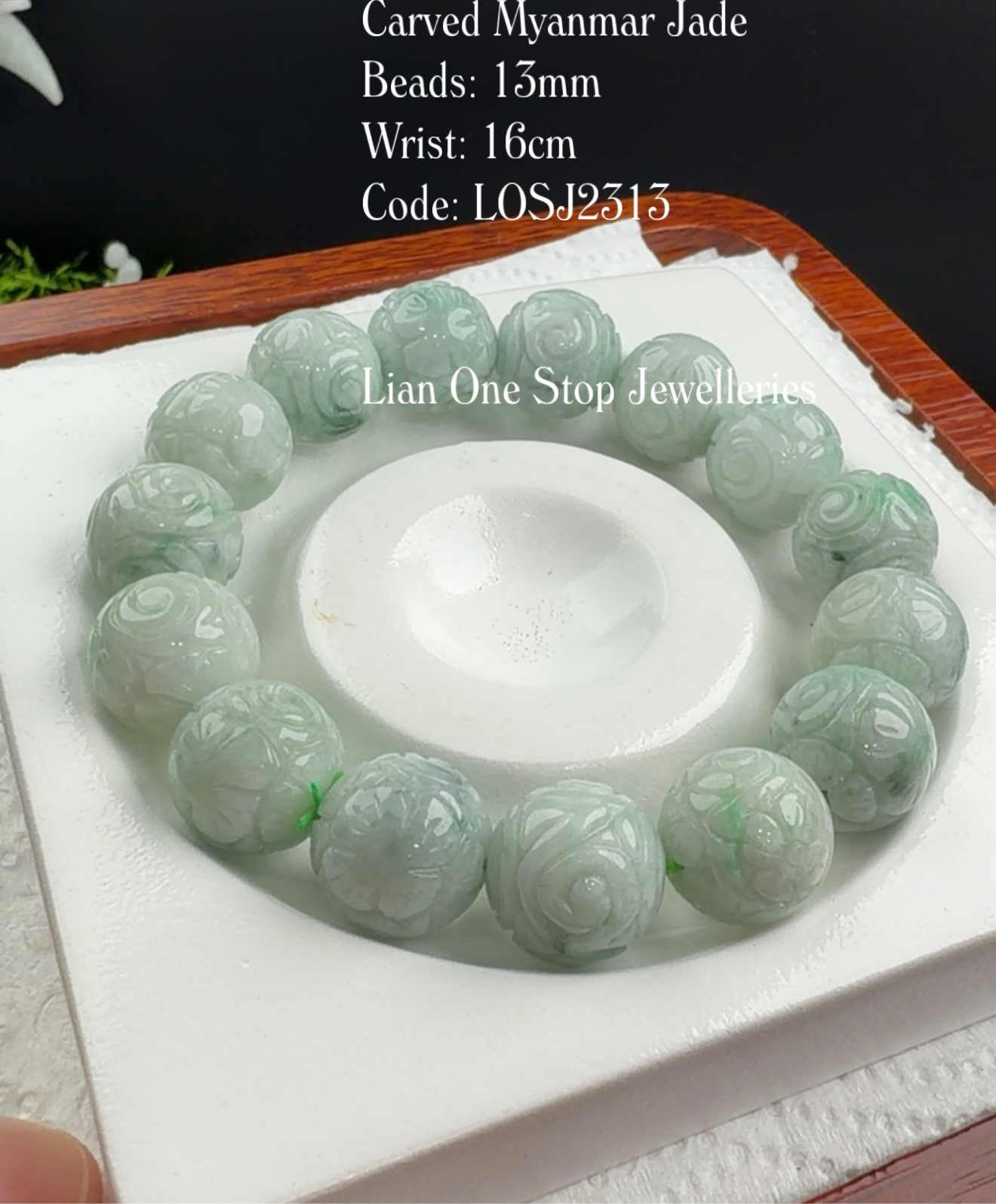 Code: LOSJ2313 Carved Myanmar Jade 13mm