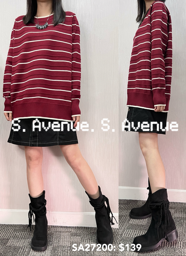 SA27200: 長袖撞色白邊領長身間條top