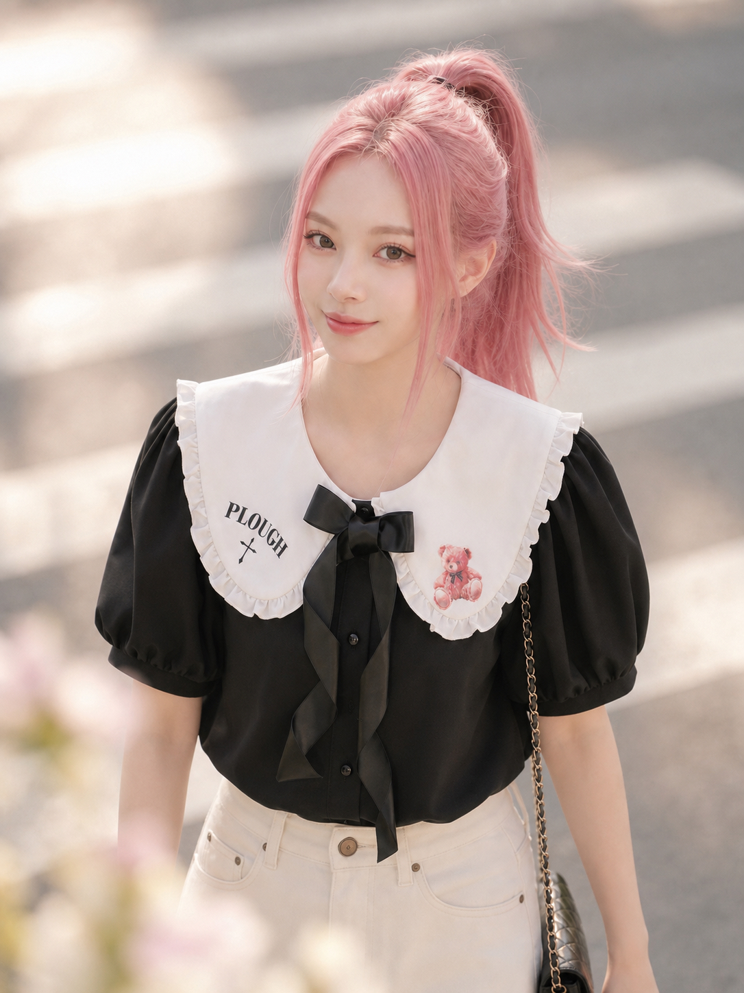 【APV - Girliness 】夜幕小熊的午茶約會撞色娃娃領黑白短袖襯衫 Midnight Teddy's Teatime Contrast Collar Vintage Blouse