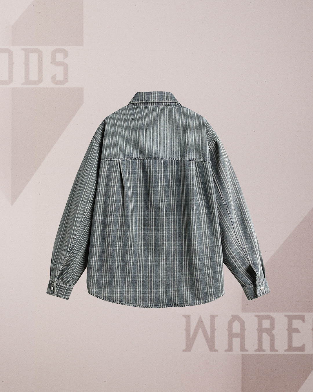 W3009格仔條紋拼接牛仔長袖恤衫