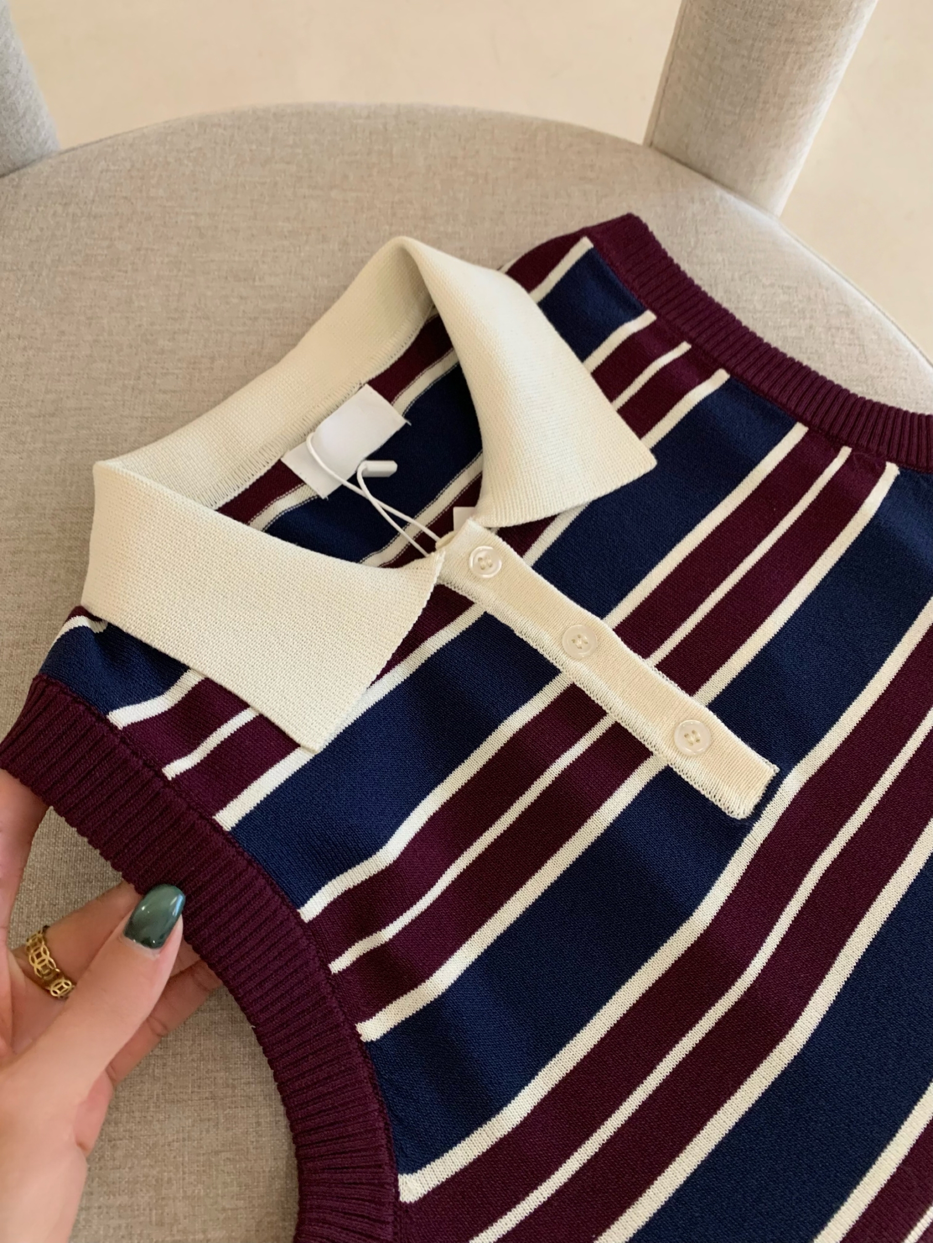 韩系小清新学院风Polo领条纹针织上衣+抽绳短裙 ( 1 colours)