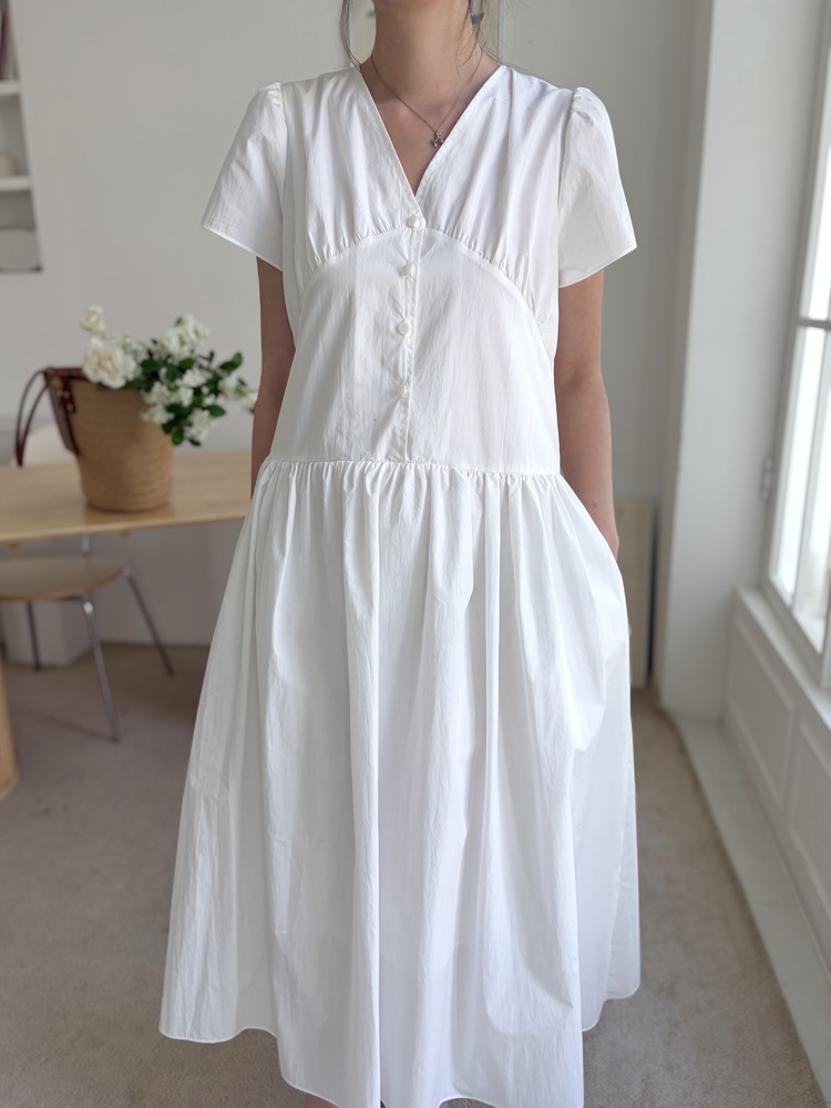 Airy Button Front Long Dress (White)