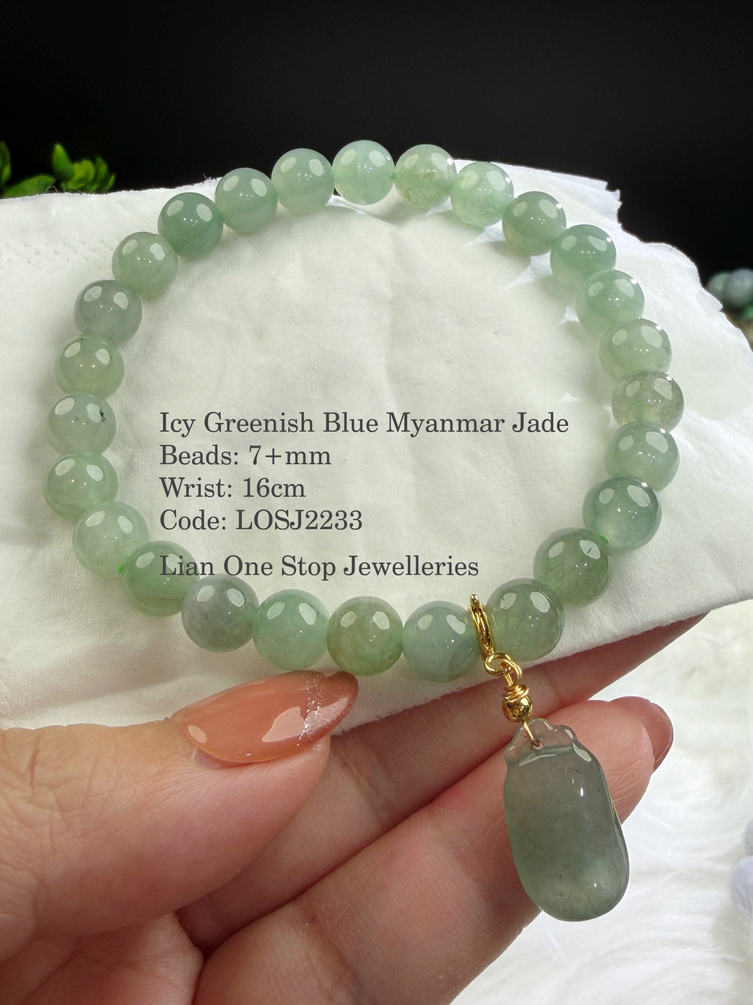 Code: LOSJ2233 Icy Greenish Blue Myanmar Jade 7+mm 