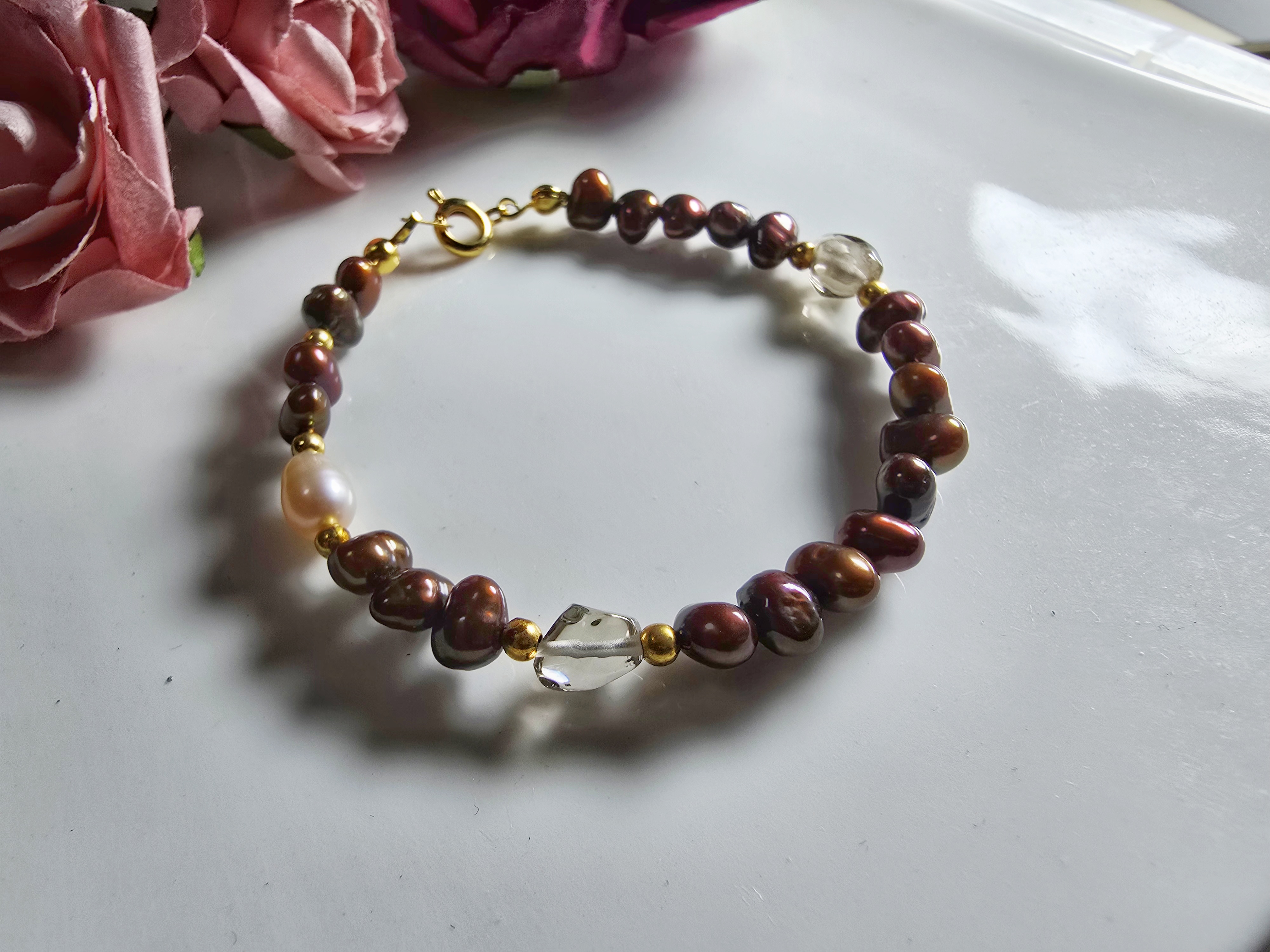 FWP0125-6  天然珍珠茶晶復古手鏈