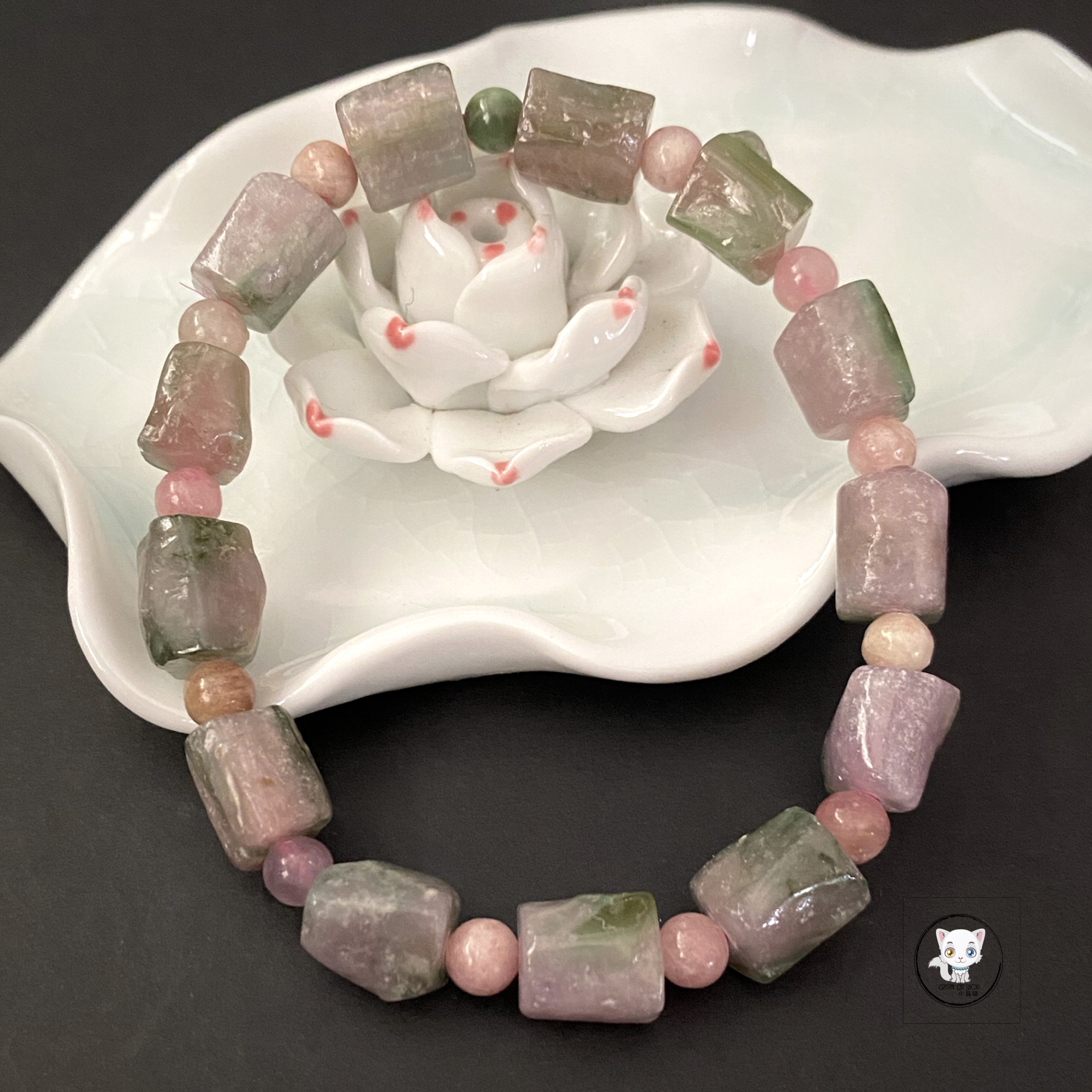 粉綠西瓜碧璽原石手鏈 9.5mm