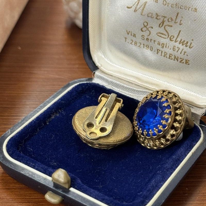 Vintage Czechoslovakian C.a. 1960s Blue Glass Buton Clip Earrings (B084)