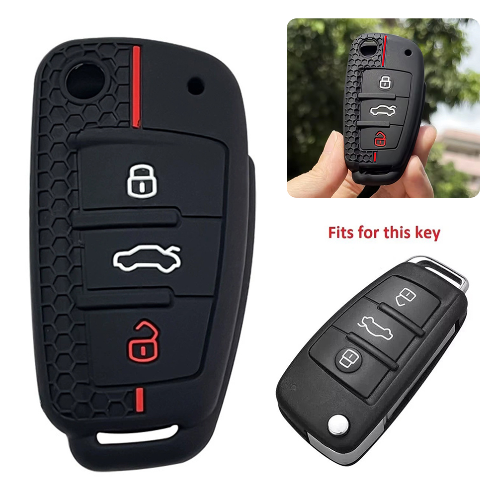 適用奧迪A3硅膠鑰匙套  黑色 折疊3鍵 蜂窩紅線 UA0542