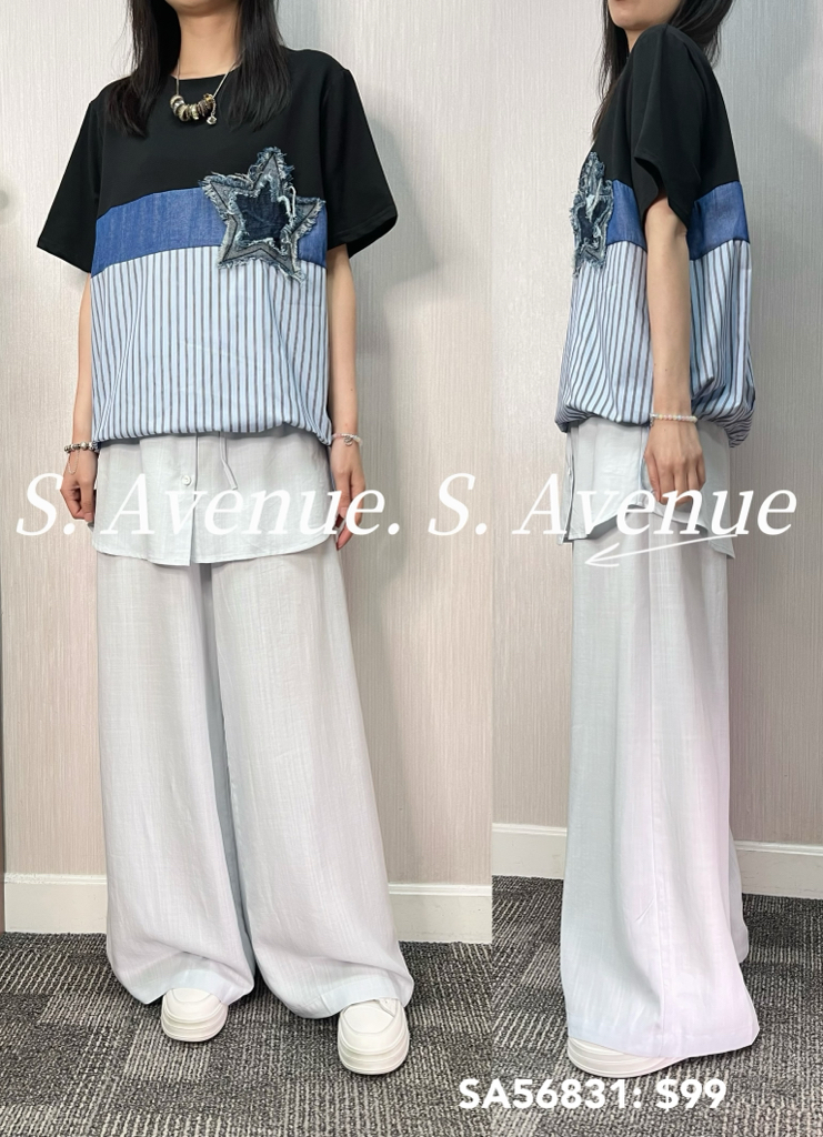 SA56831: 短袖拼直條星星patch tee