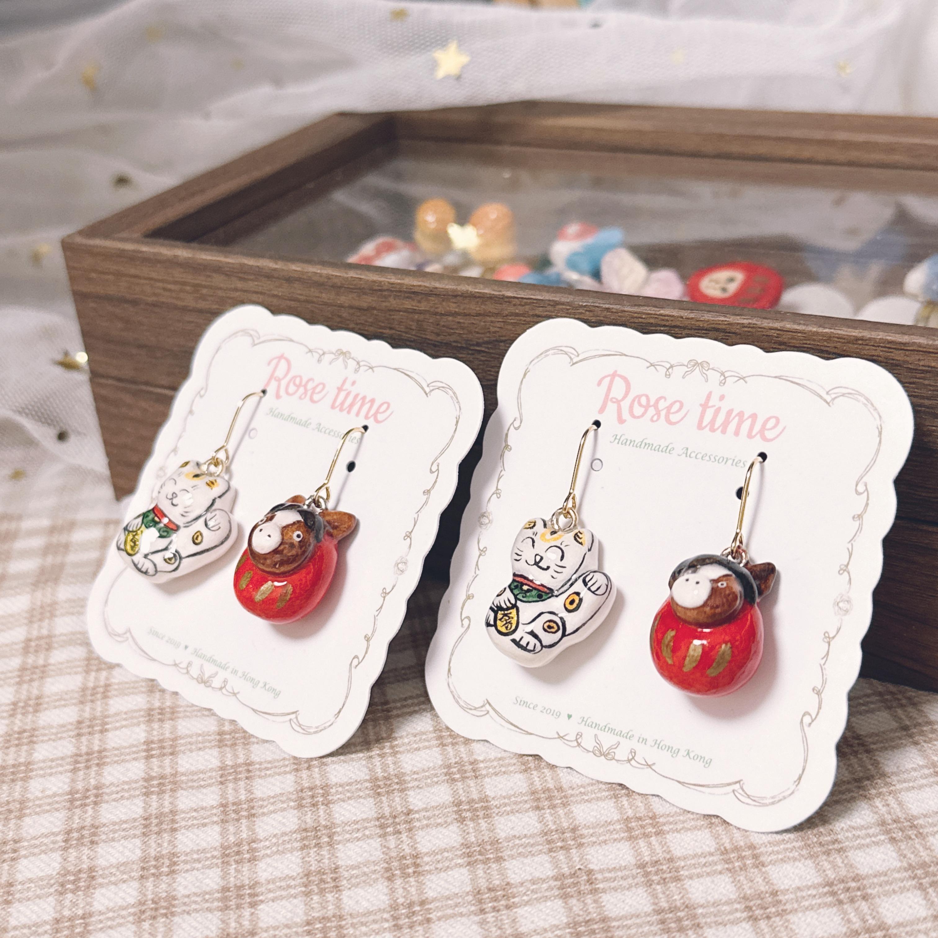 手繪招財貓貓🐱馬年達摩耳環