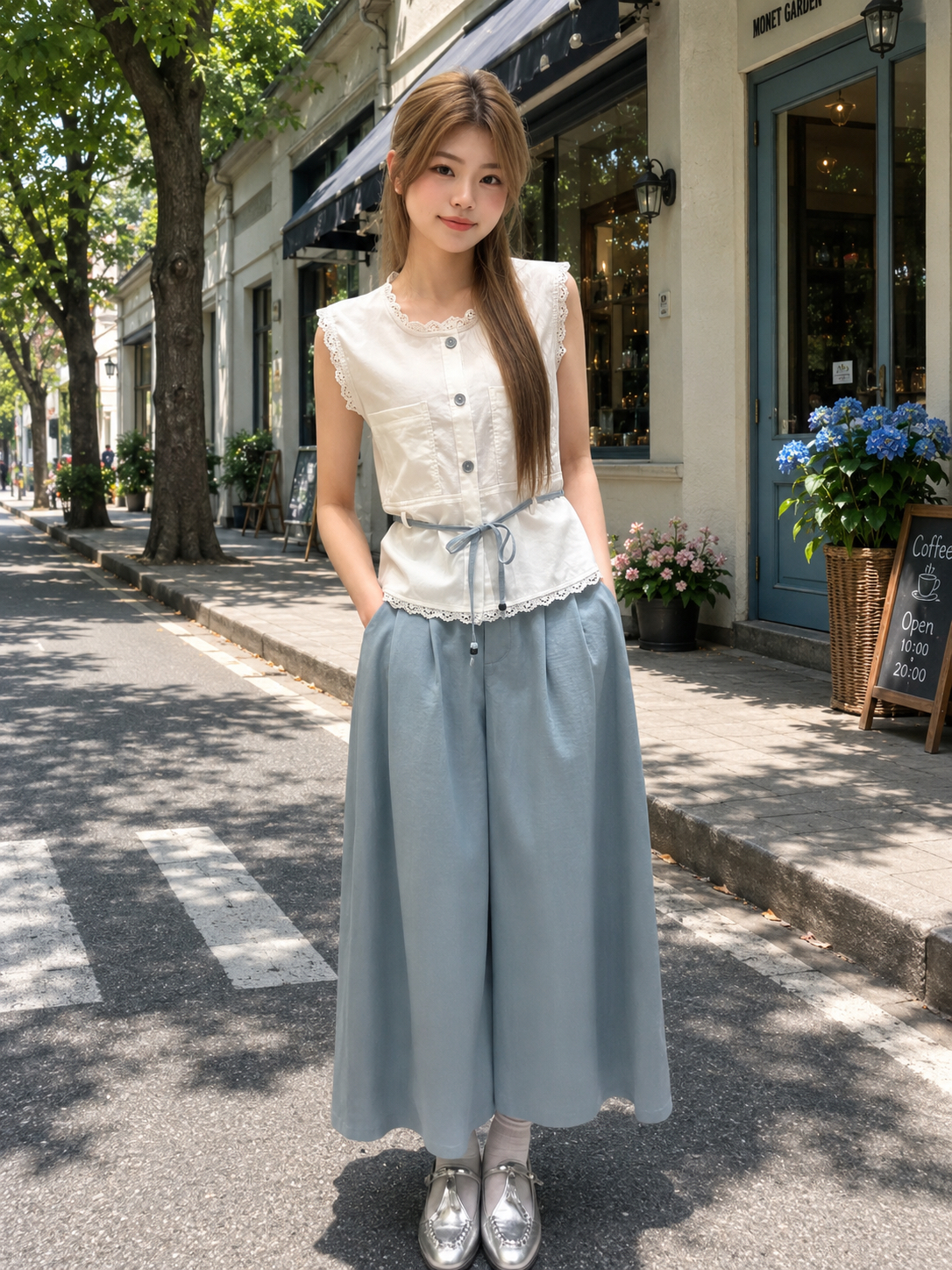A150772 Lace Sleeveless Top & Wide Leg Pants Set