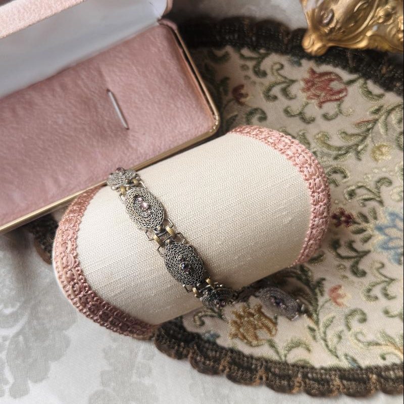 Antique Early 1900s Filigree Purple Glass Stone Bracelet - 6.5" (NZ096)