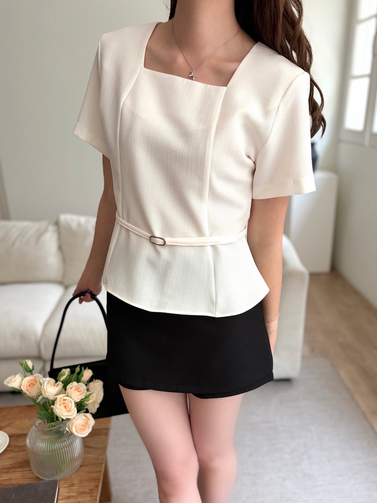 Square Neck Belted Blouse (Ivory)