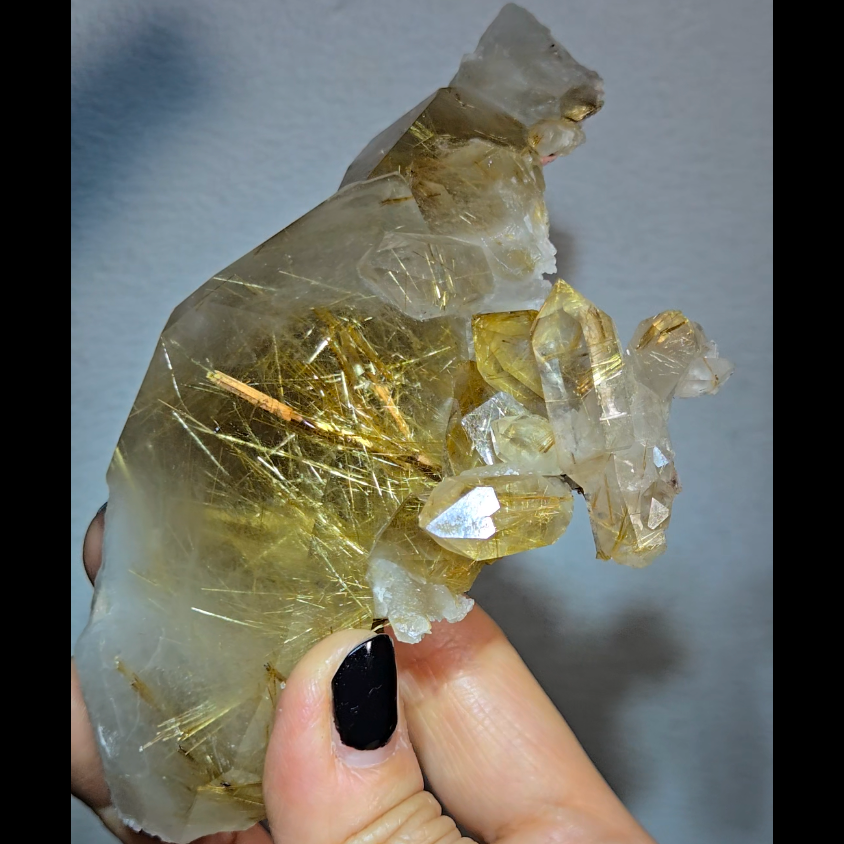 Golden titanium rutiles on black hematite in quartz cluster - RT1443