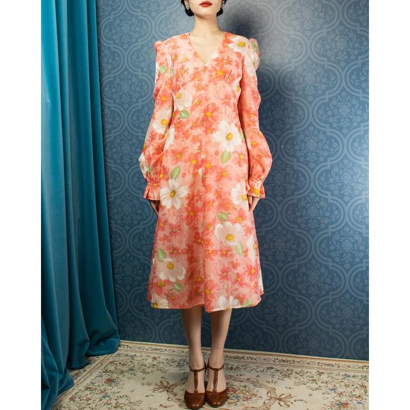 C.a. 1970s Peachy Pink Flower Girl Spring Dress(MU102-11)