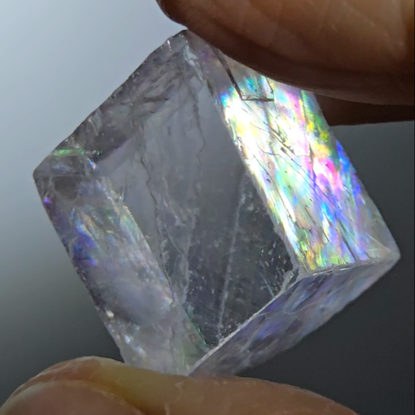 Purple calcite cube with incredible rainbows - PC15