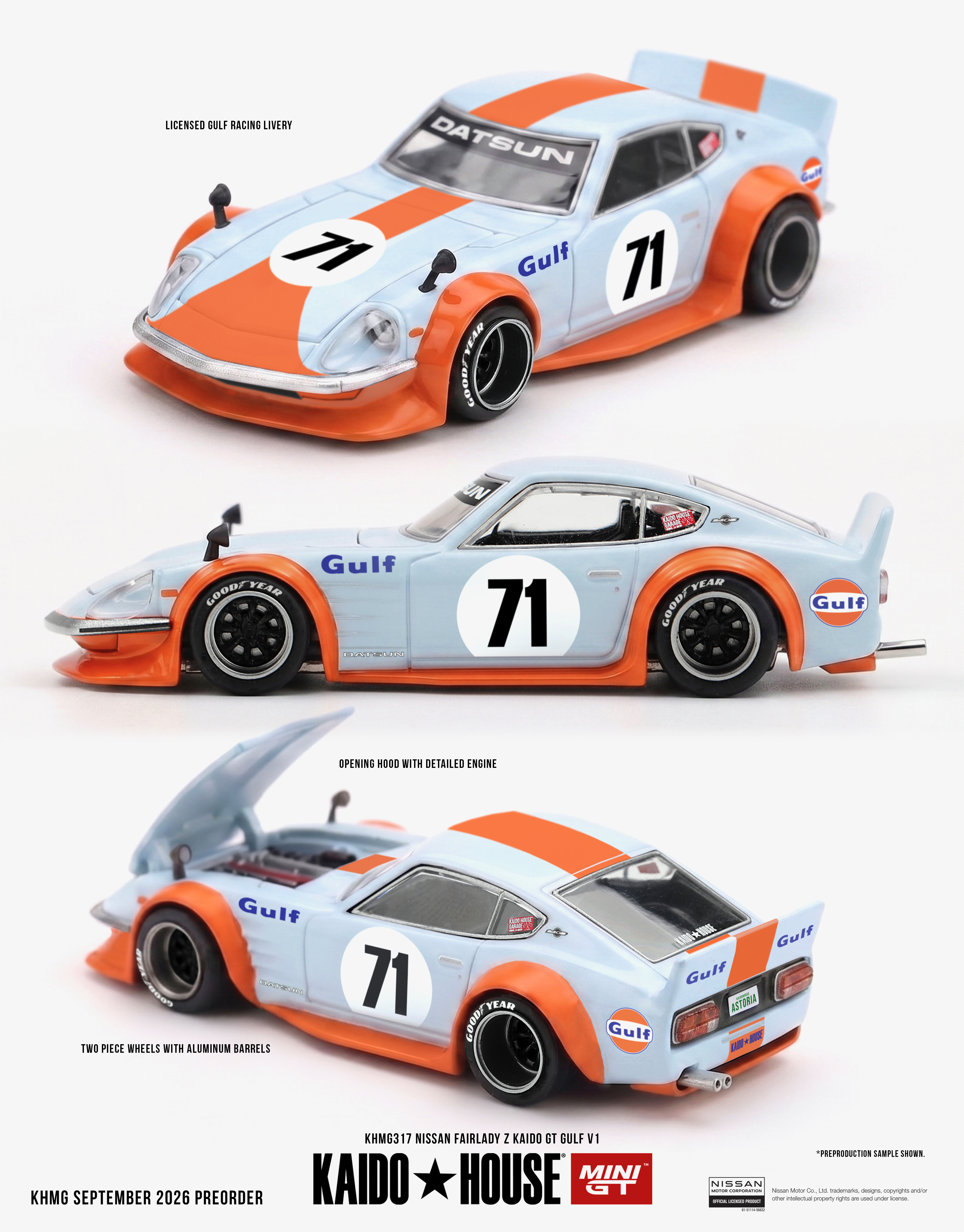 Pre Order - Kaido House x MINI GT ( KHMG317 ) Nissan Fairlady Z Kaido GT GULF V1 / MINIGT 預訂優惠價 Pre-Order Price: HK$135