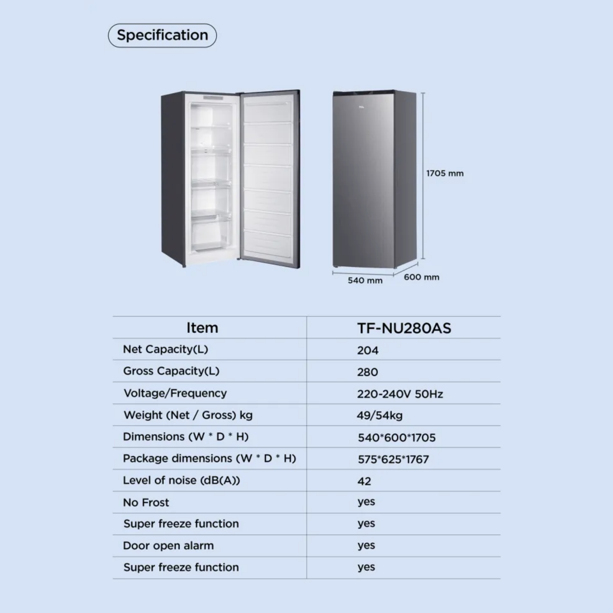 TCL 204L No Frost Upright Freezer (TF-NU280AS)