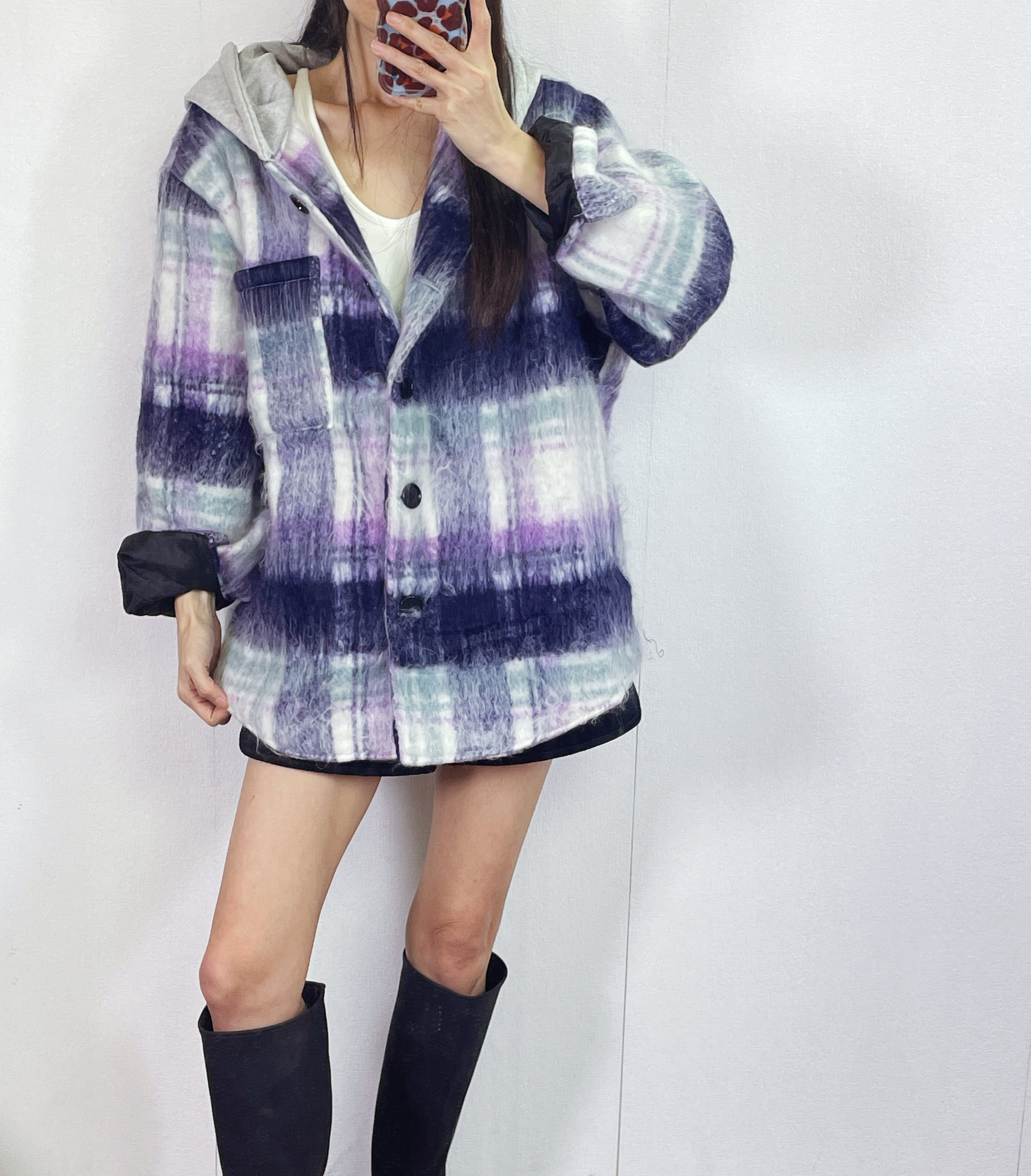 K5529 毛絨格仔有帽外套