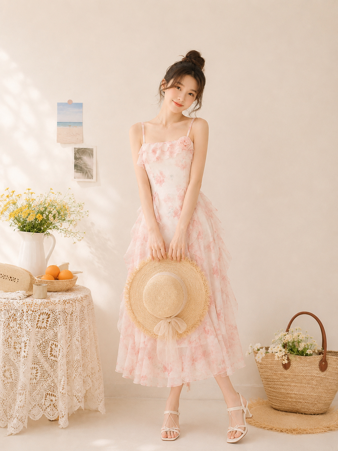A031156 Sweet Floral Ruffle Strap Dress