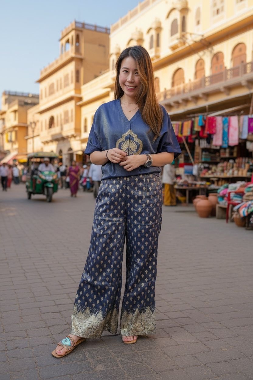 Navy Blue Chiffon Silky Gold Print Pants 38" #1109
