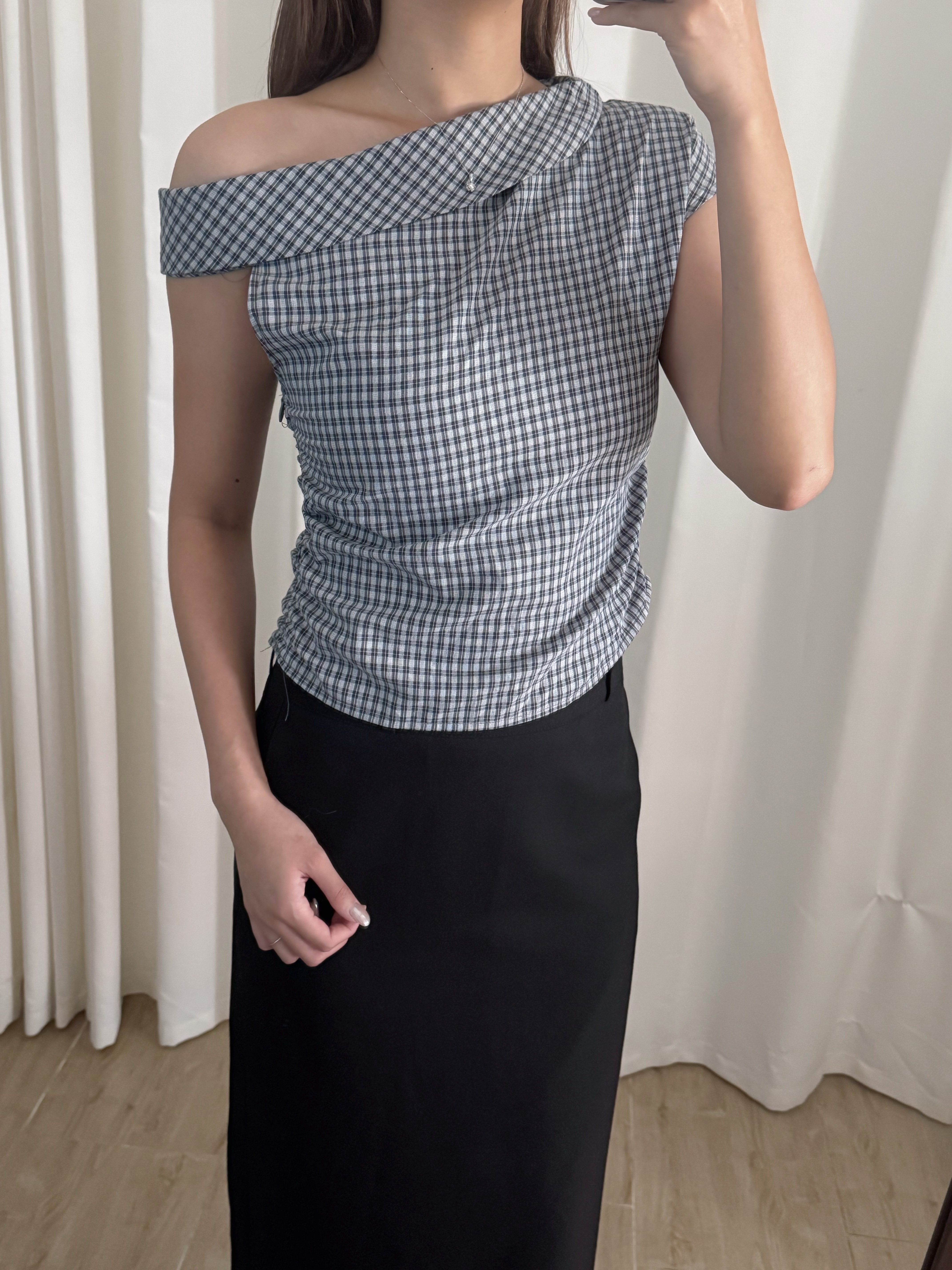 格子斜肩短袖上衣(兩色入)