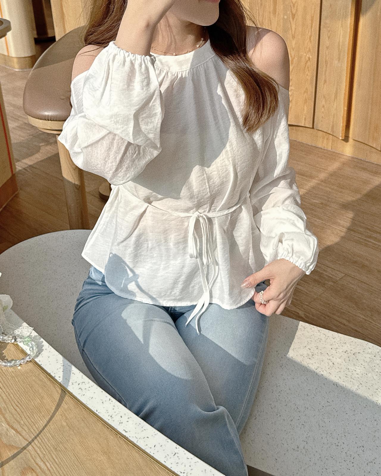 【溫柔氣質】圓領露膊修腰雪紡上衣