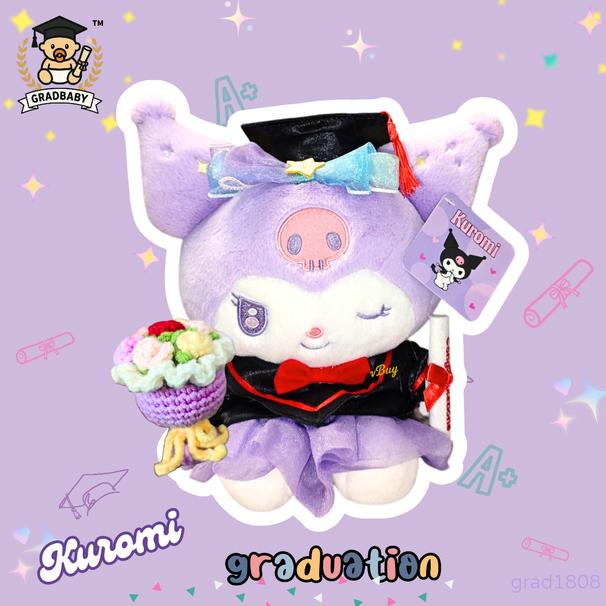 正版Kuromi畢業公仔23cm 香港現貨 可加綉名 Gradbaby