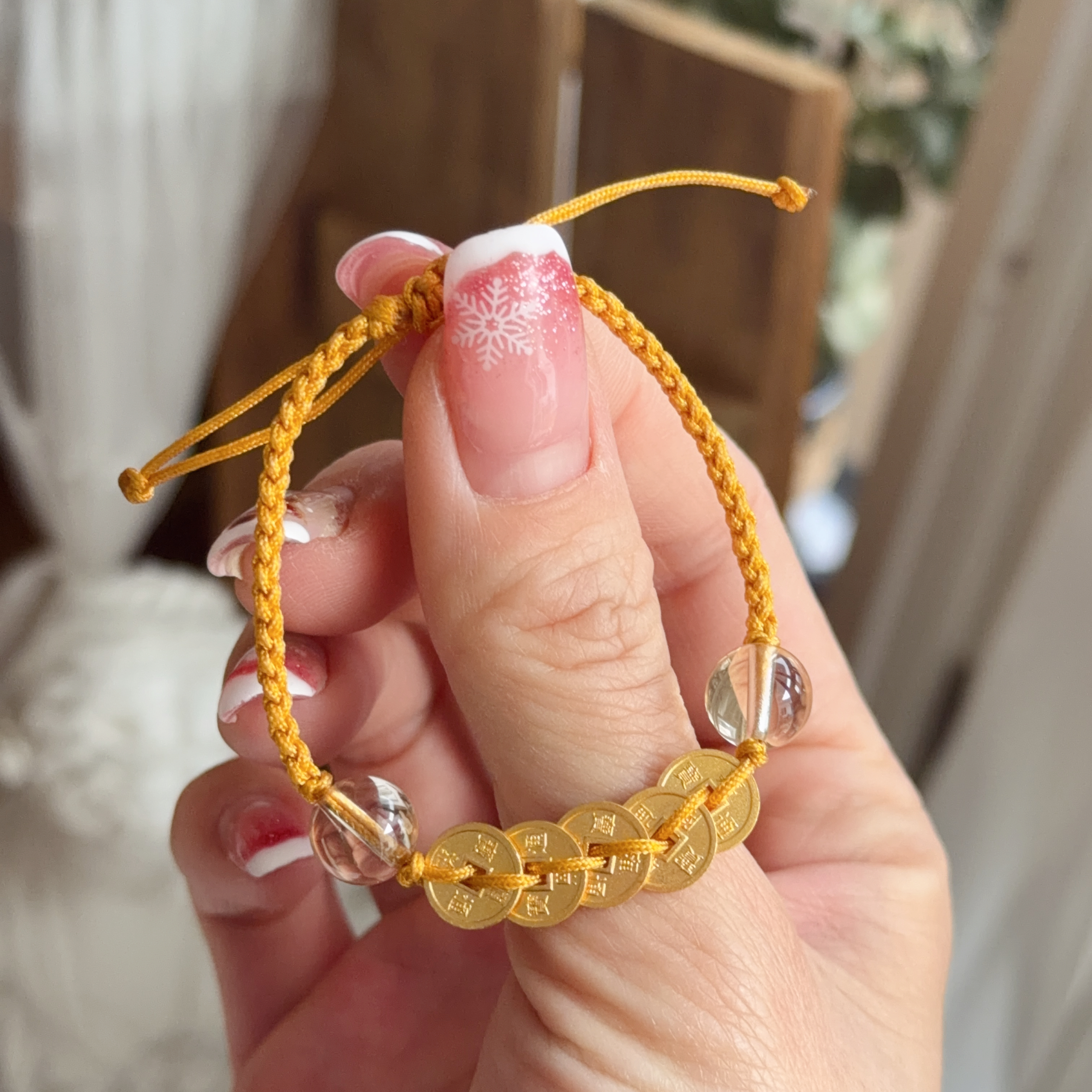 999足金五帝幣+8mm白水晶襯手绳（實心版）