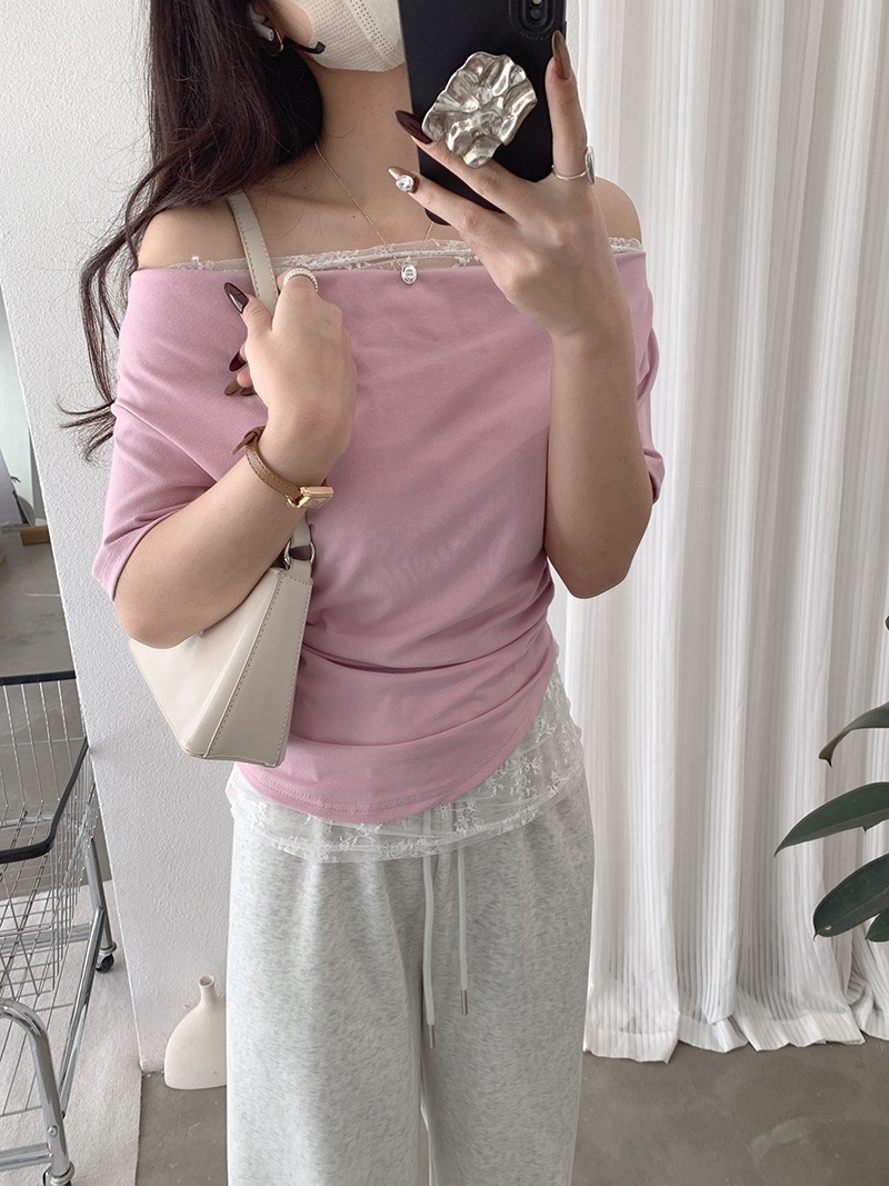 蕾丝拼接假两件荡领短袖T恤 褶皱显瘦纯欲气质上衣