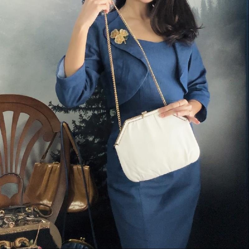 Vintage Mid-century White Genuine leather Diamond Shape Frame Two-Way Bag (MT2503)
