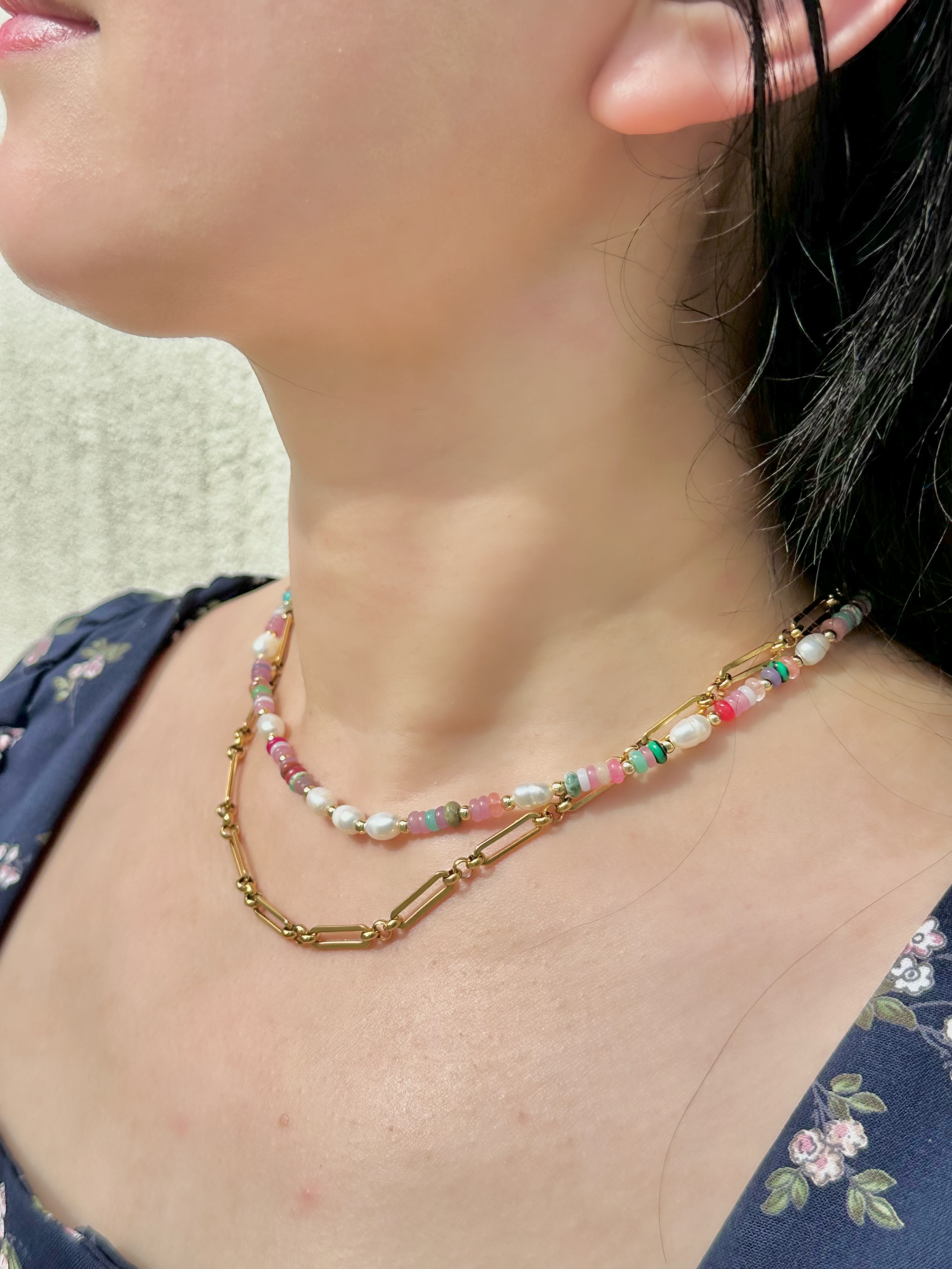 Pink stone stainless necklace