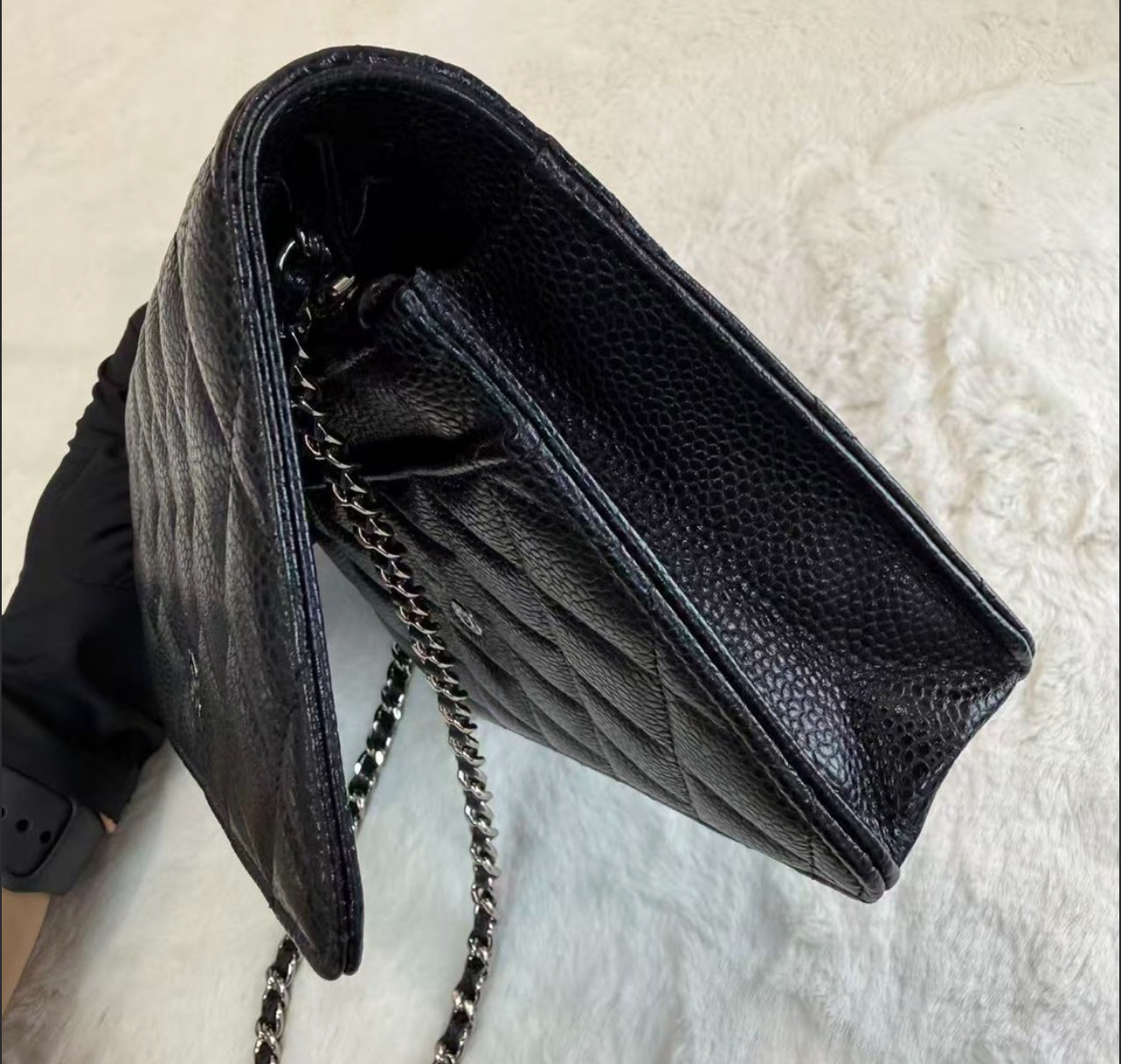 CHANEL/香奈兒 WOC發財包口蓋包 黑色銀logo 荔枝紋牛皮 菱格皮穿鏈  經典款鏈條包麻將包單肩包 女款