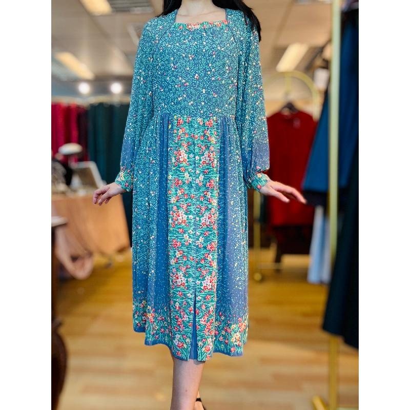 Vintage Square Neckline Spring Floral Front Pleat Chiffon Dress (MT2260-24)