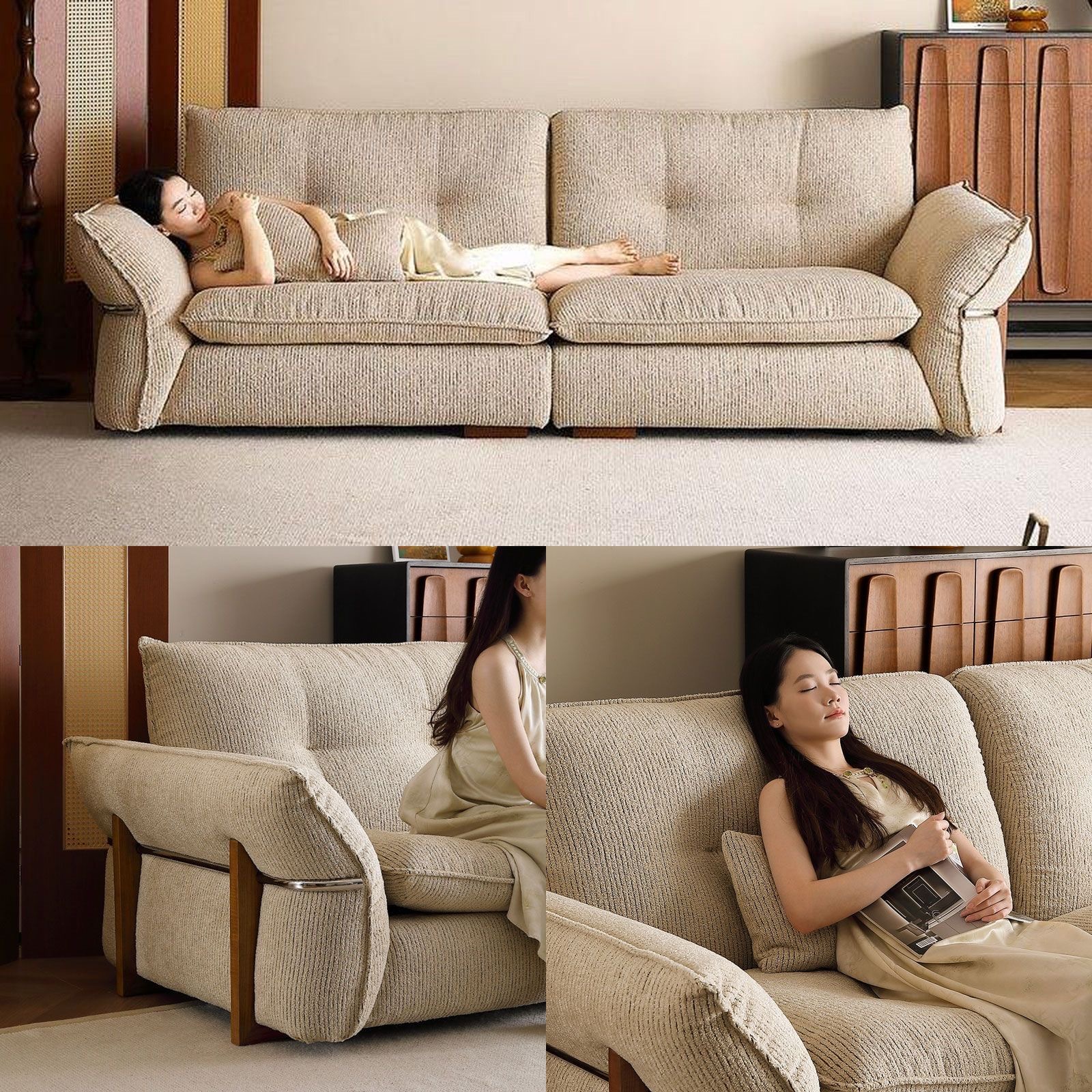 中古風雪尼爾家居客廳可全拆洗高級實木直排梳化 高質感Sofa
