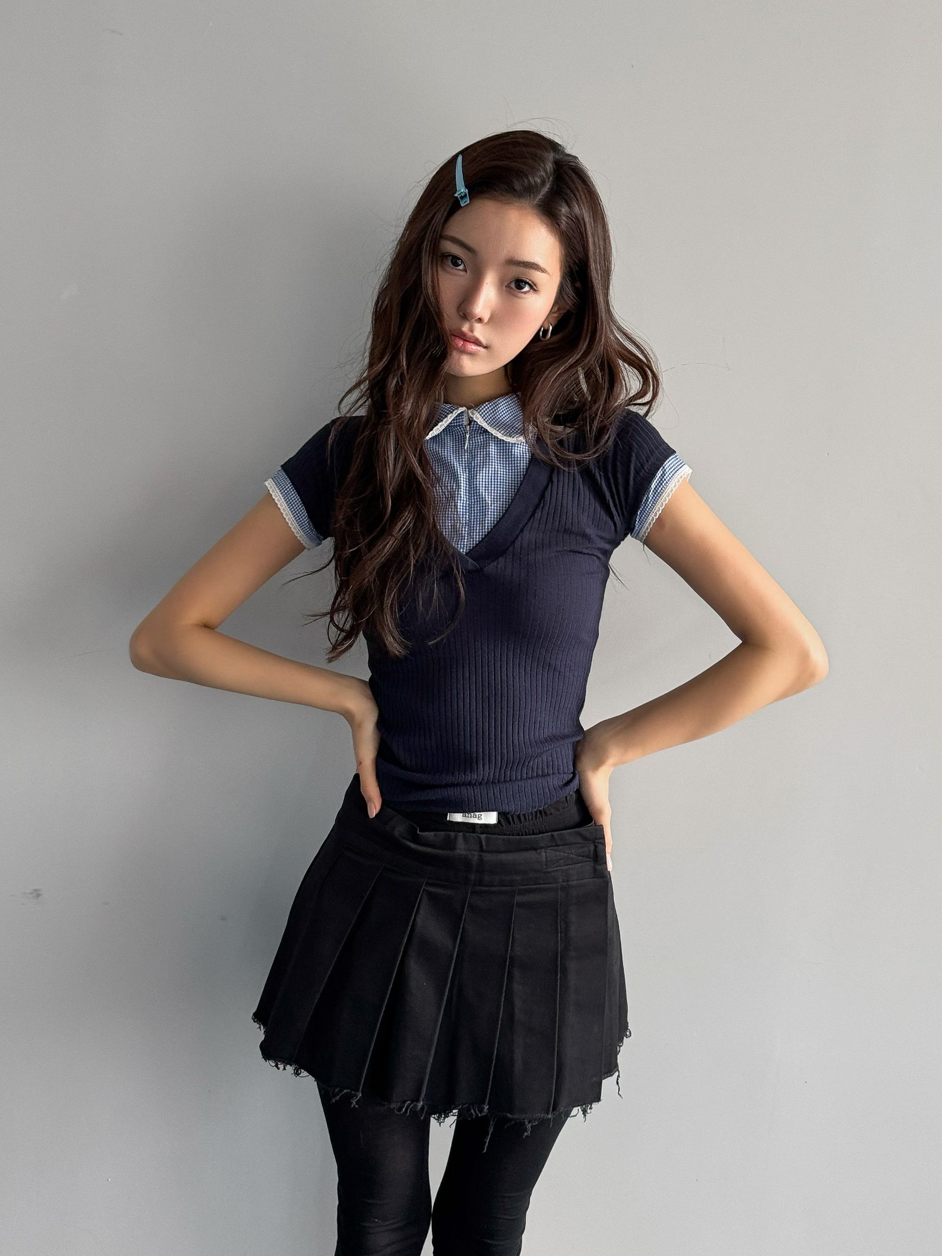 Layered Gingham V-Neck Ribbed Top