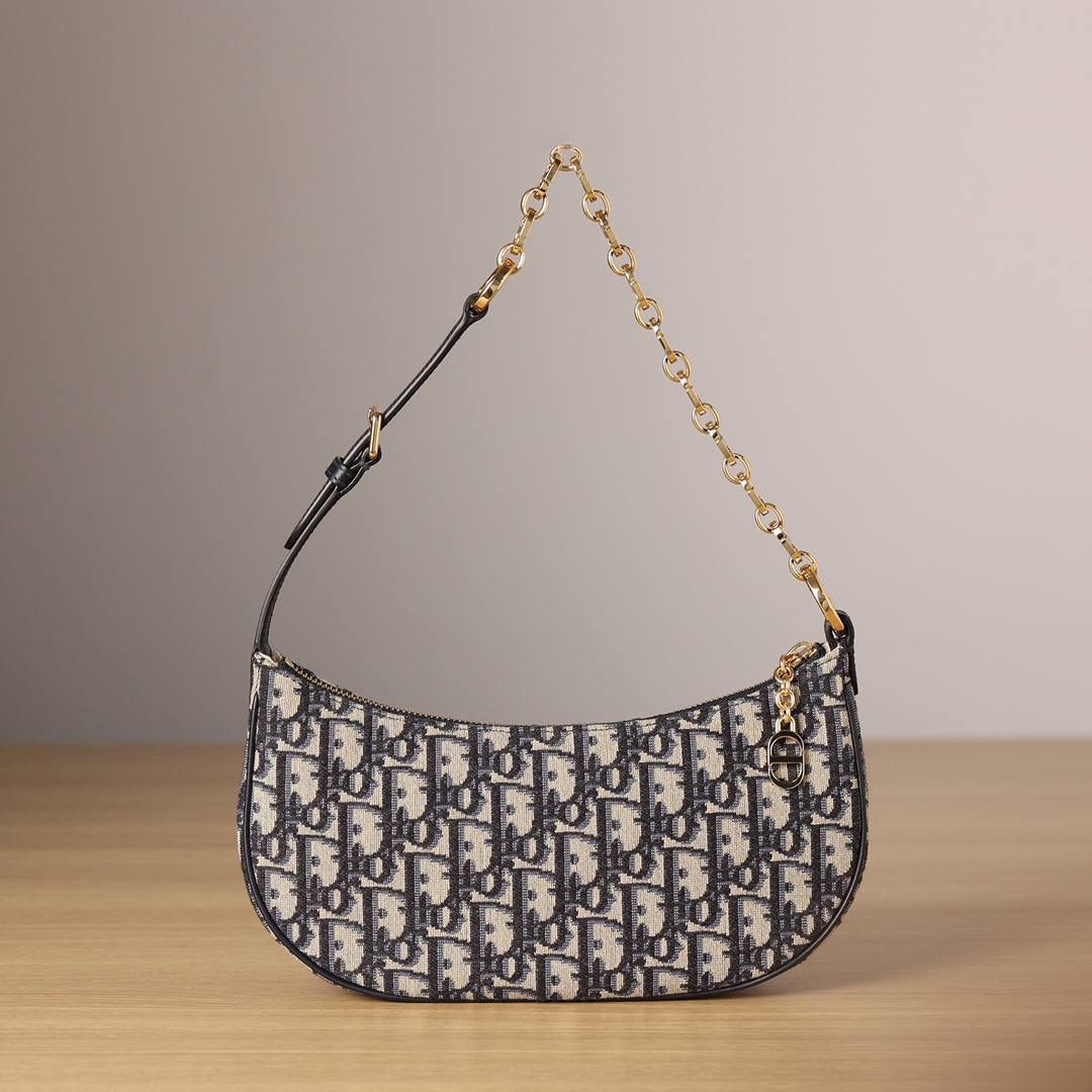 CD LOUNGE 手袋蓝色 Oblique 印花👜✨ 独家渠道货 独家腋下包老花 尺寸：26 x 15 x 5.5 厘米 这款 CD Lounge 手袋是2023夏季新品，彰显 Dior 的现代审美与高订风范。 采用蓝色 Oblique 印花面料精心制作，突显 Dior 经典图案。 经典链条与皮革搭配，交替饰以金色饰面金属和同色调珐琅链环，可折叠设计，可肩背或手提。 拉链开合搭配 CD 拉链头 可调节肩带，链条部分由金色饰面金属和与皮革同色调的珐琅 CD 链环组成，搭配皮革带 内含防尘袋