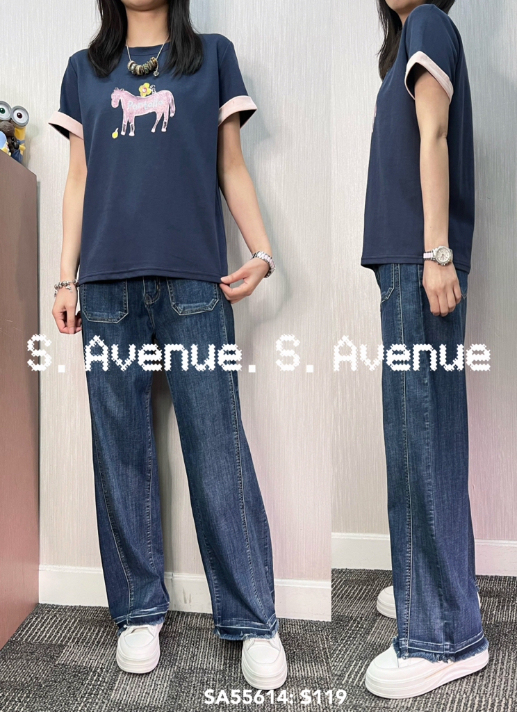 SA55614: 短袖撞色邊馬仔圖案tee