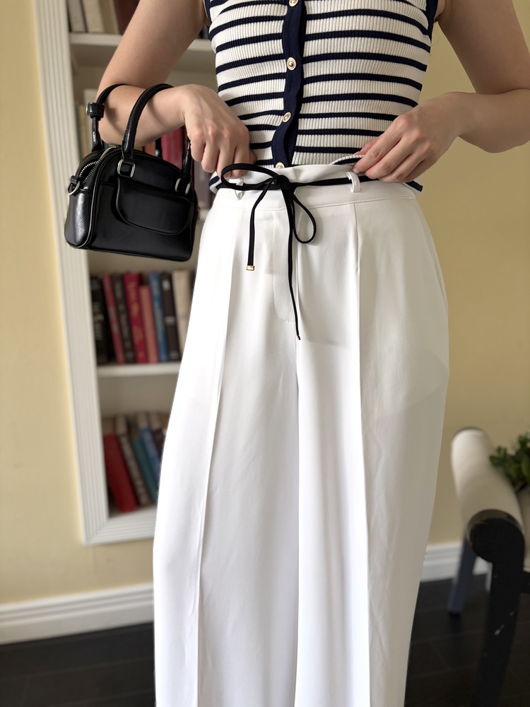 [超涼!!] Contrast Belt Wide Leg Slacks (White)