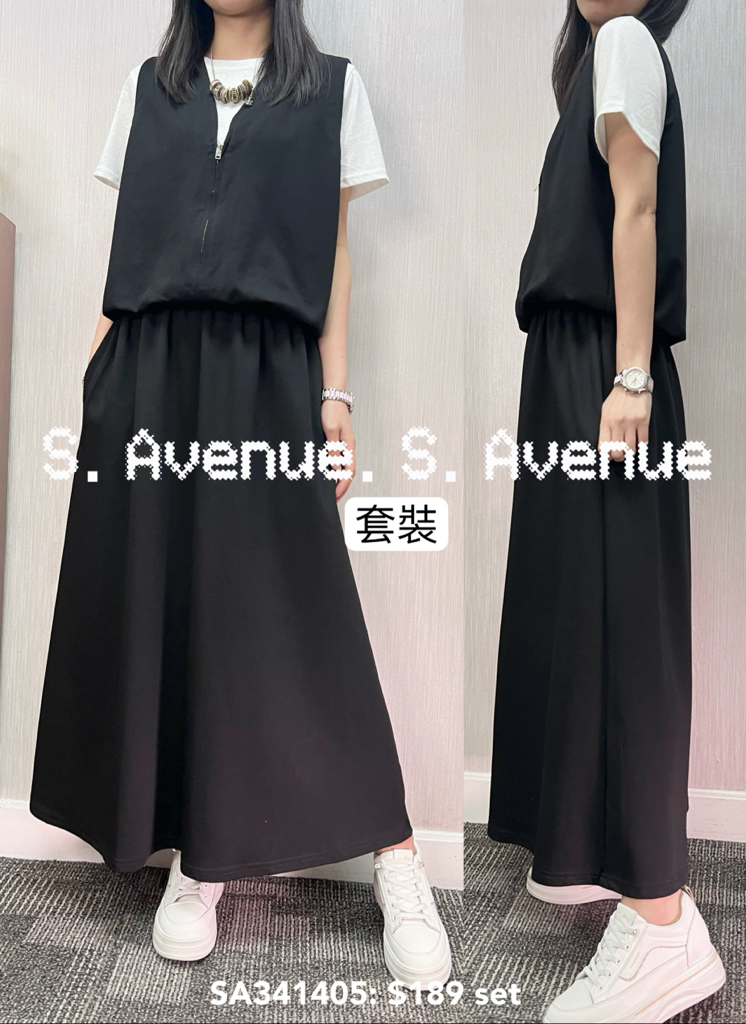 SA341405: 短袖拉錬背心假兩件tee配A宇長裙套裝