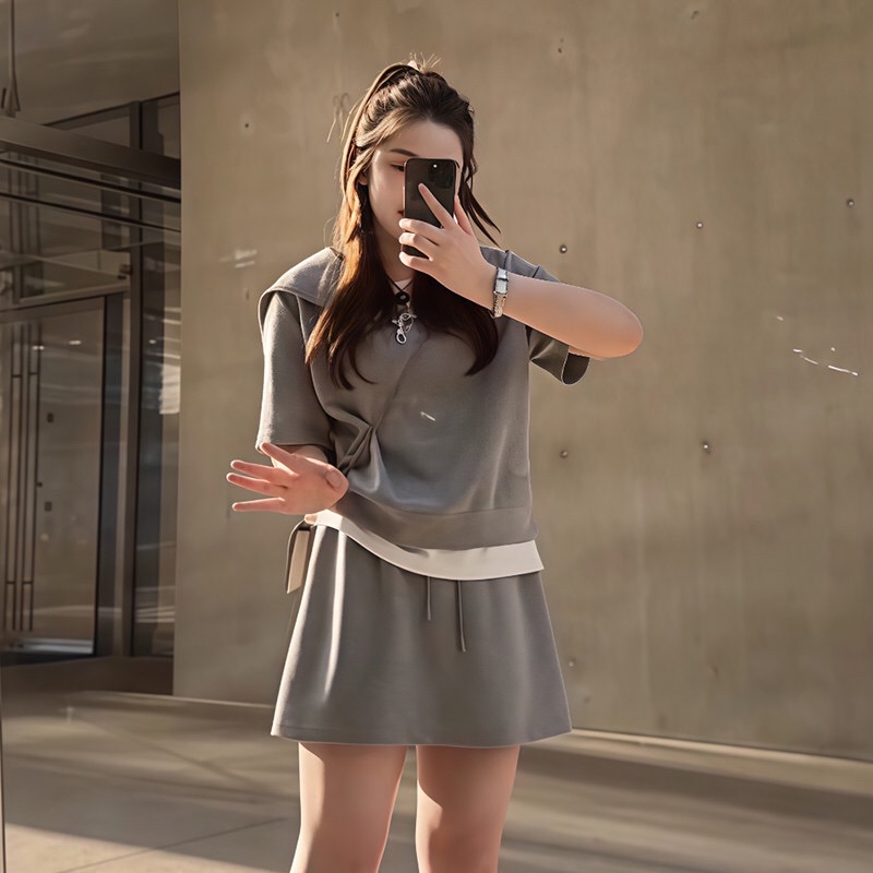 B264(16355) 韩版细闪假两件设计感拉链海军领上衣与短裙灰套装