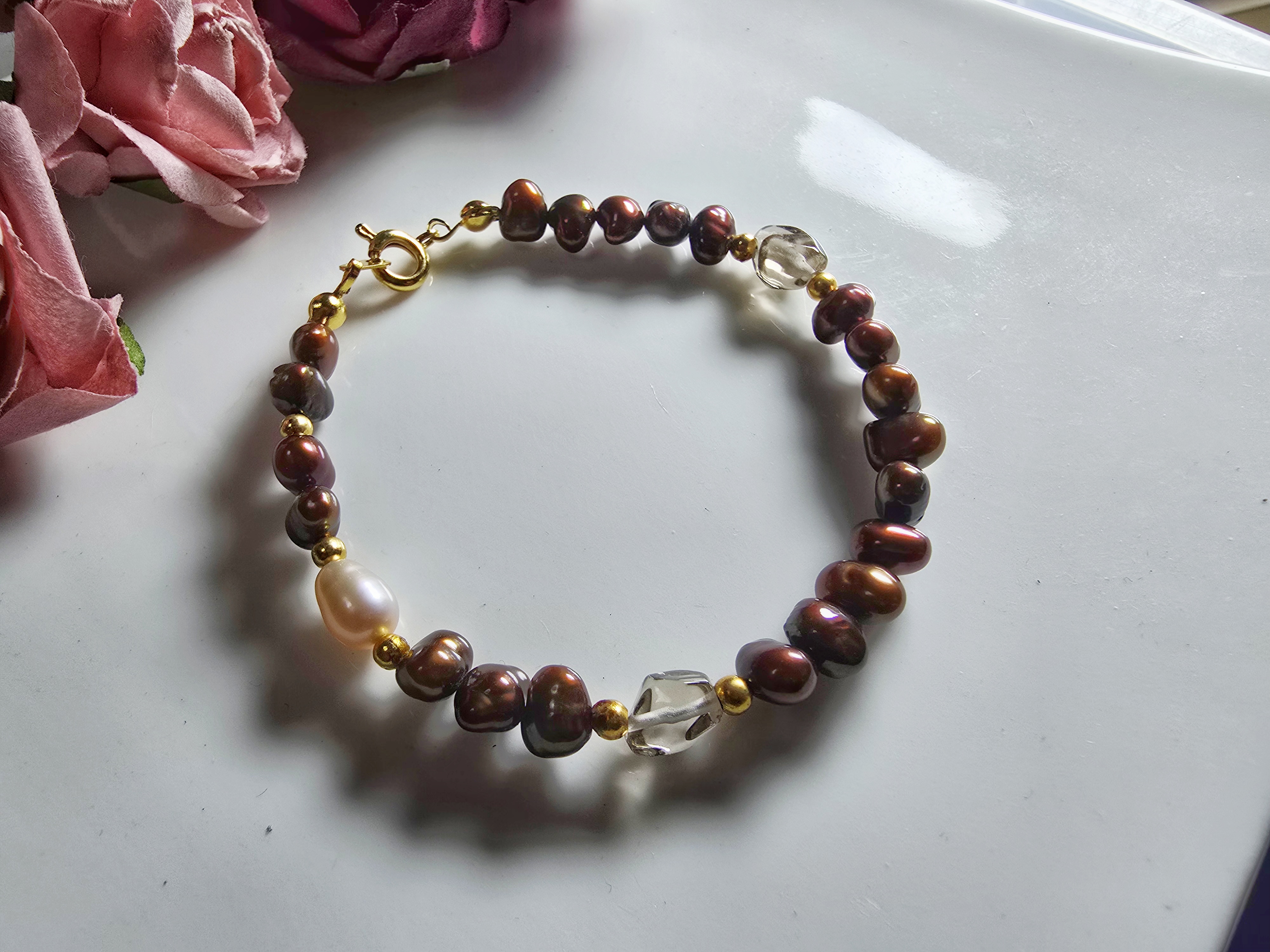 FWP0125-6  天然珍珠茶晶復古手鏈