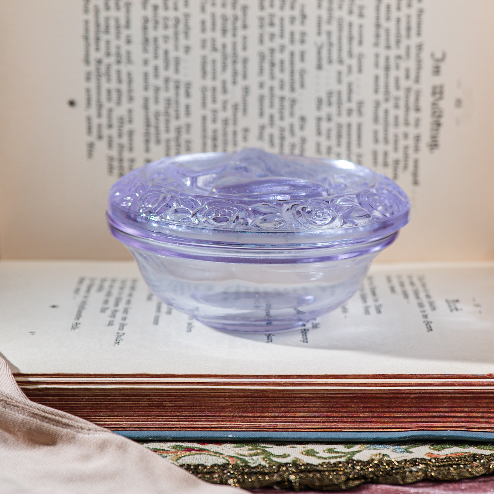 Rare! C.a. 1960s New Old Stock West German Goddess Sculpture with Rose Trim Purple Glass Trinket Box (MZ017)