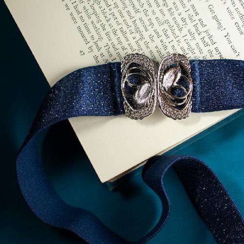 Vintage Japanese Silver Tone Butterfly Belt Buckle with Sparkling Midnight Blue Elastic Belt (E012 x K011)
